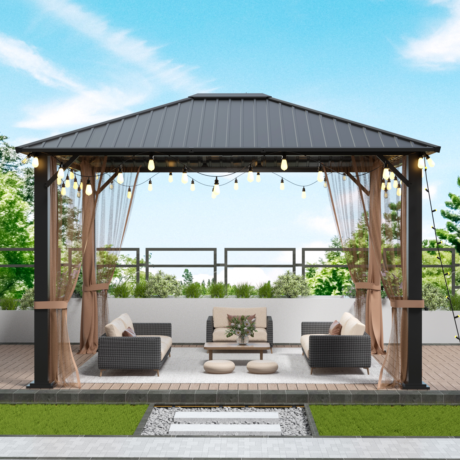 10x12 Hardtop Metal Gazebo,Heavy Duty Pergola with Mosquito Nets&Galvanized Steel&Polycarbonate Roof,Sturdy Outdoor Canopies Tent,Suitable for Gardens,Patio,Backyard