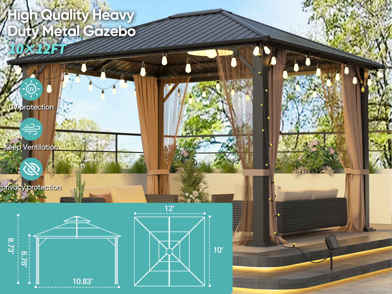 10x12 Hardtop Metal Gazebo,Heavy Duty Pergola with Mosquito Nets&Galvanized Steel&Polycarbonate Roof,Sturdy Outdoor Canopies Tent,Suitable for Gardens,Patio,Backyard