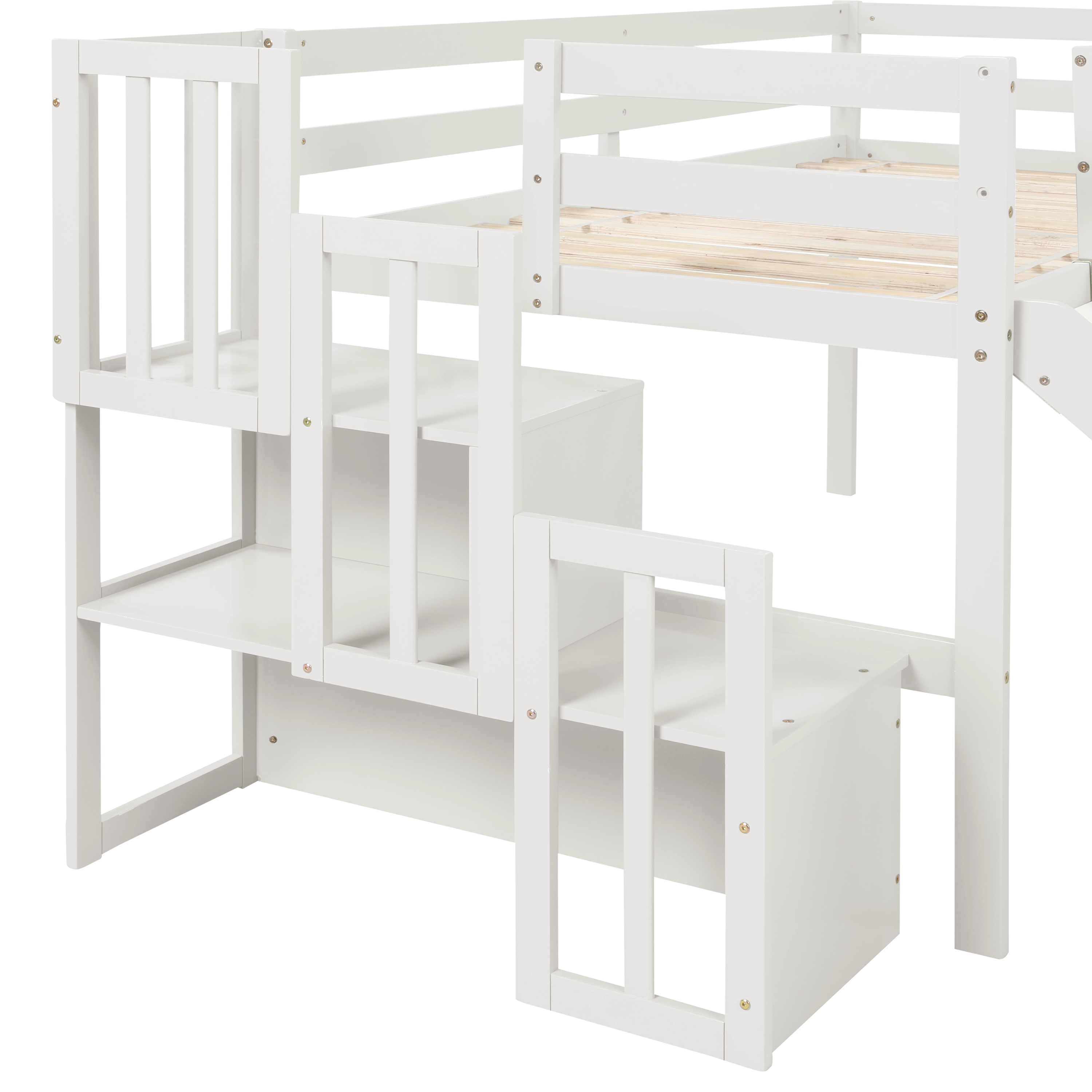 Loft Bed with Staircase, Storage, Slide, Twin size, Full-length Safety Guardrails, No Box Spring Needed, White (Old Sku:W504S00004)