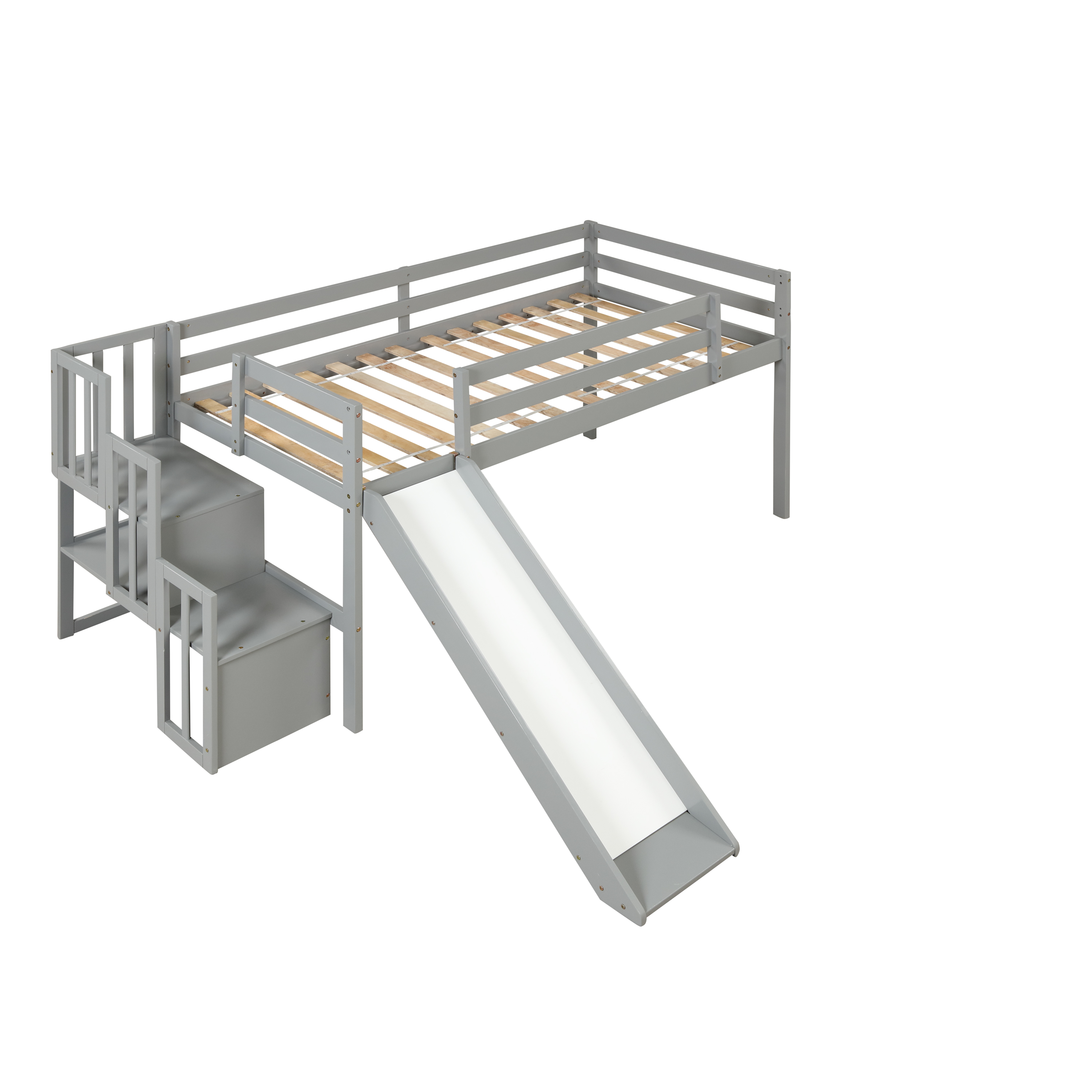 Loft Bed with Staircase, Storage, Slide, Twin size, Full-length Safety Guardrails, No Box Spring Needed, Grey (Old Sku:W504S00005)