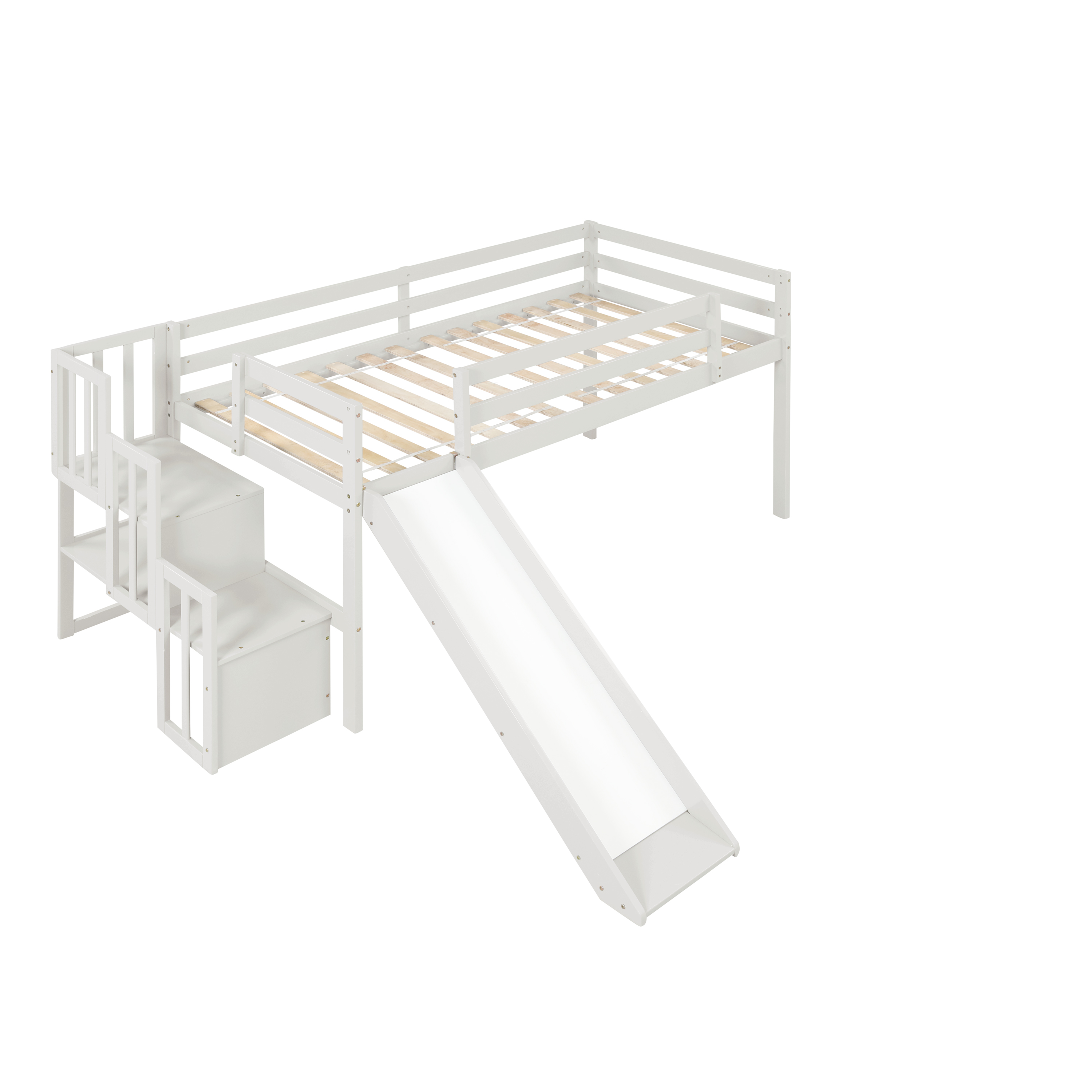 Loft Bed with Staircase, Storage, Slide, Twin size, Full-length Safety Guardrails, No Box Spring Needed, White (Old Sku:W504S00004)