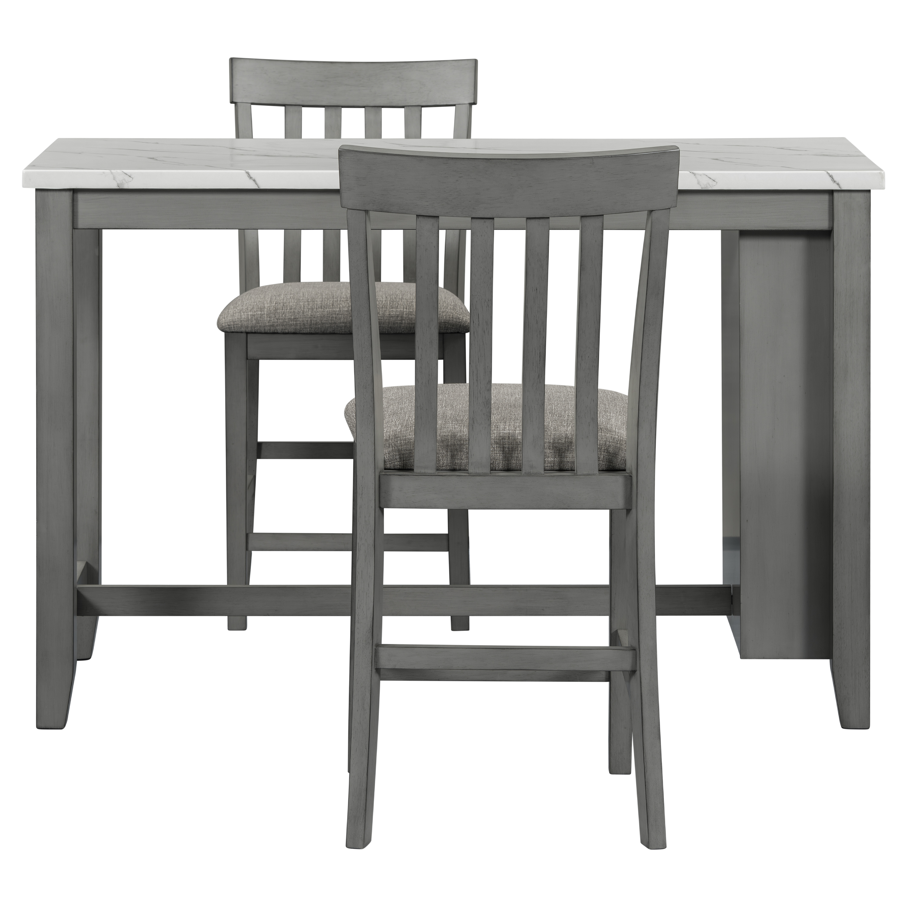 3-piece Counter Height Dining Table Set with Built-in Storage Shelves, One Faux Marble Top Dining Table and 2 counter chairs with footrest,Grey