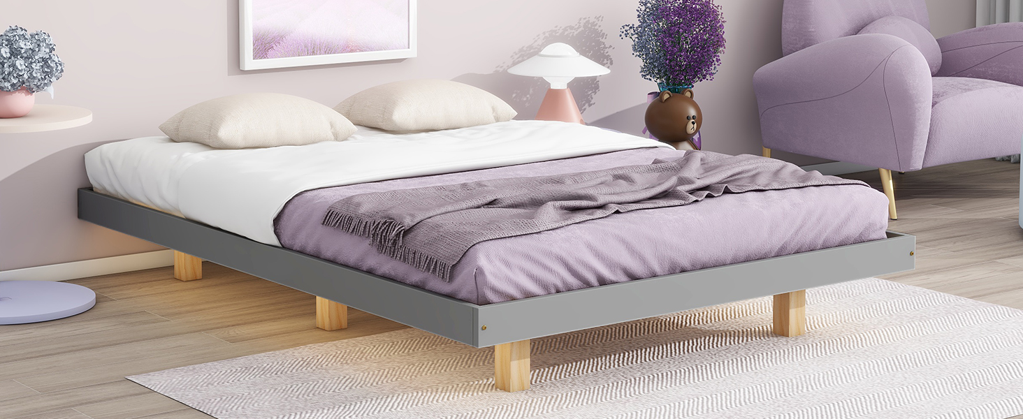 Full Size Floating Bed with LED Lights Underneath,Modern Full Size Low Profile Platform Bed with LED Lights,Grey