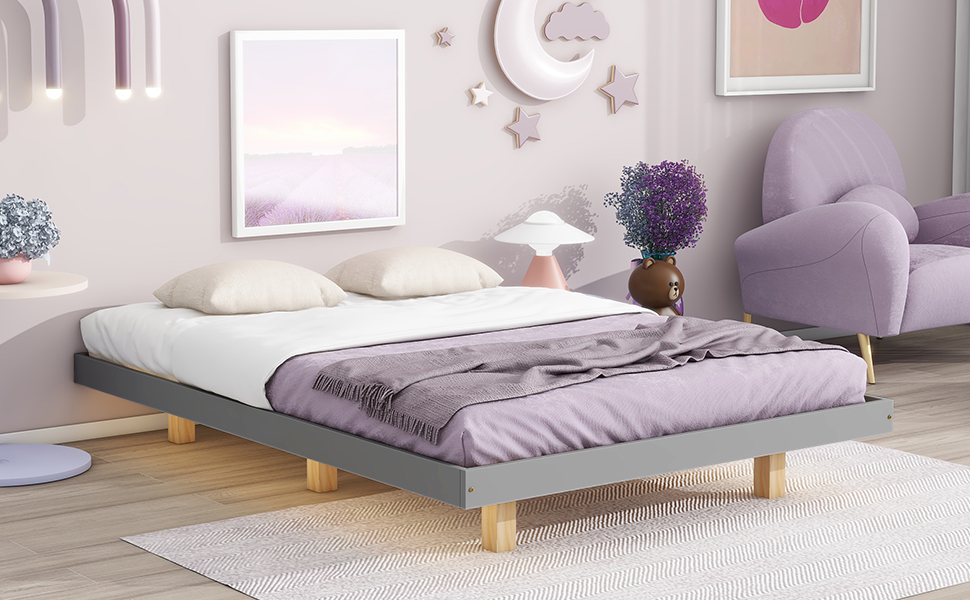 Full Size Floating Bed with LED Lights Underneath,Modern Full Size Low Profile Platform Bed with LED Lights,Grey