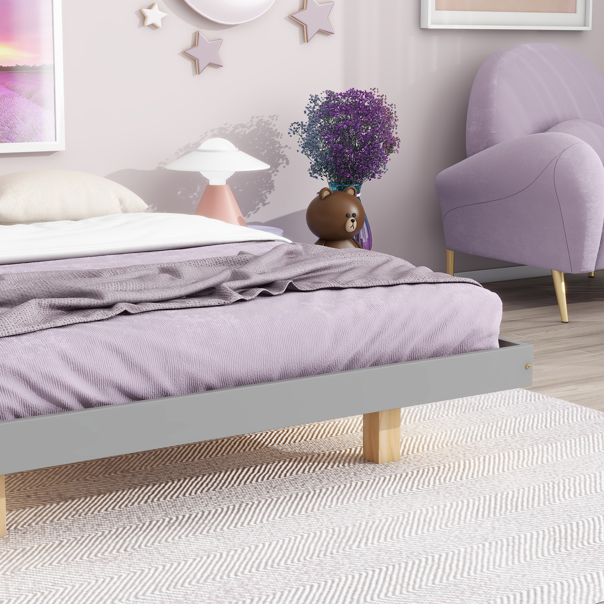 Full Size Floating Bed with LED Lights Underneath,Modern Full Size Low Profile Platform Bed with LED Lights,Grey