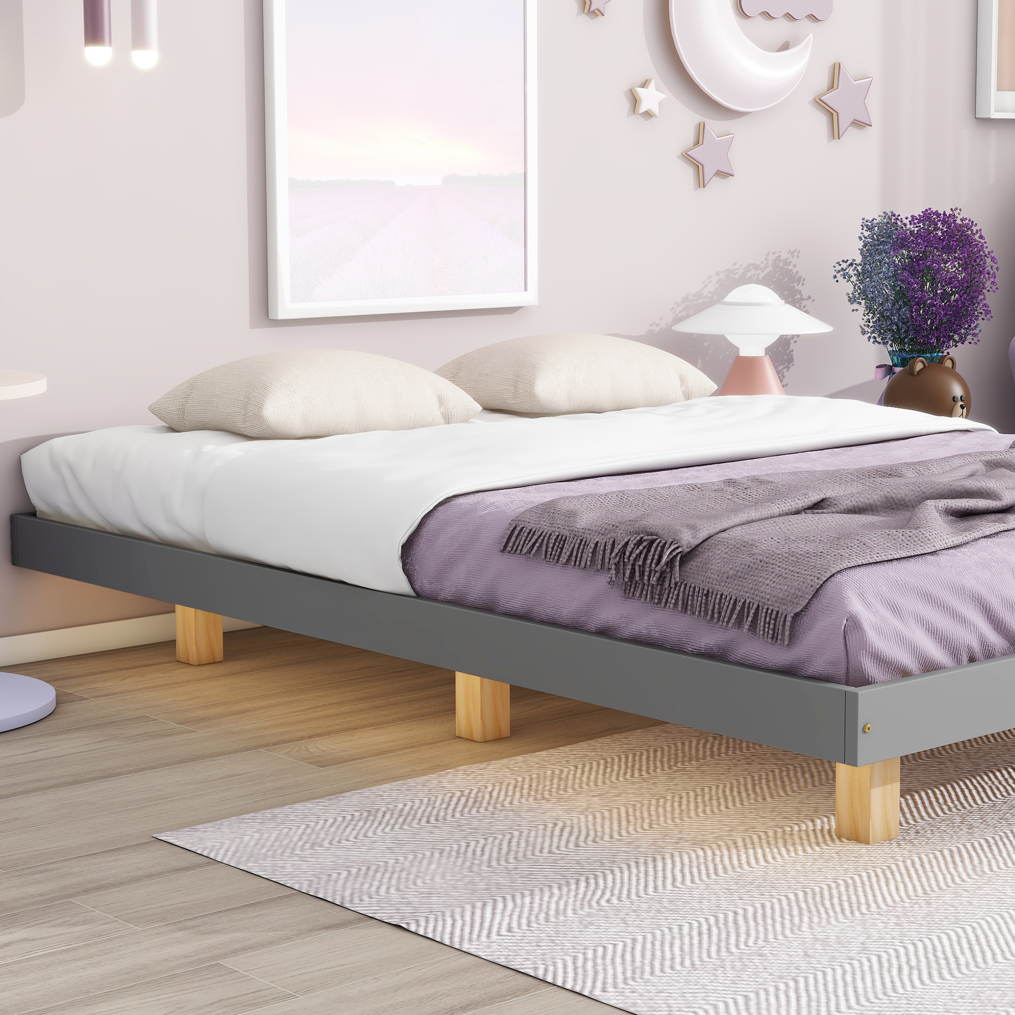 Full Size Floating Bed with LED Lights Underneath,Modern Full Size Low Profile Platform Bed with LED Lights,Grey