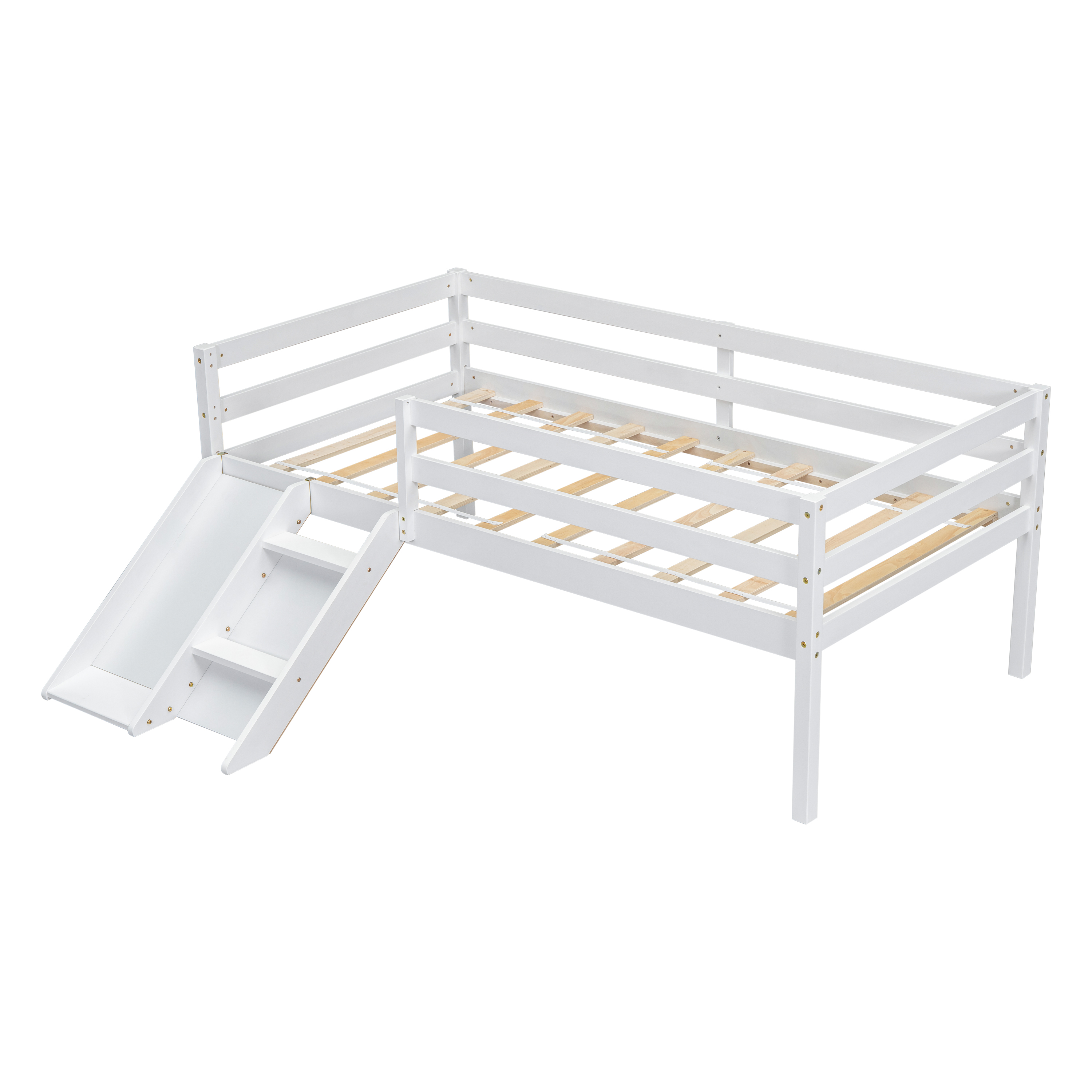 Twin Low Loft Bed with Slide,  Ladder, Safety Guardrails, No Box Spring Needed,White