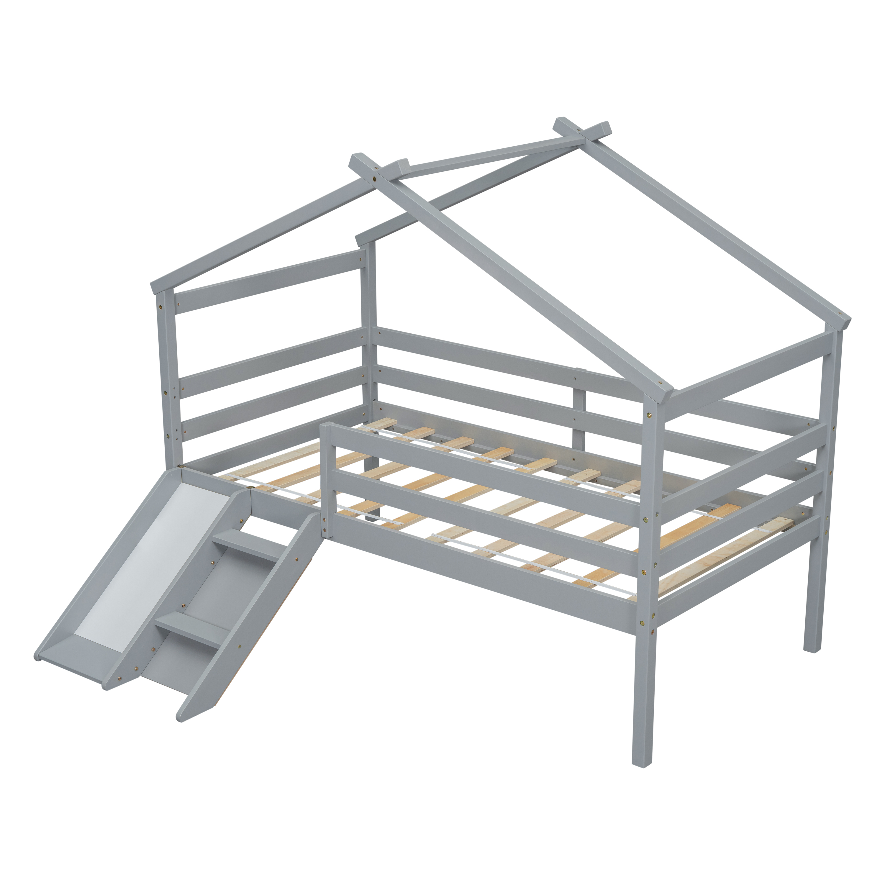 Twin Low Loft House Bed with Slide,  Ladder, Safety Guardrails, House Roof Frame,Grey