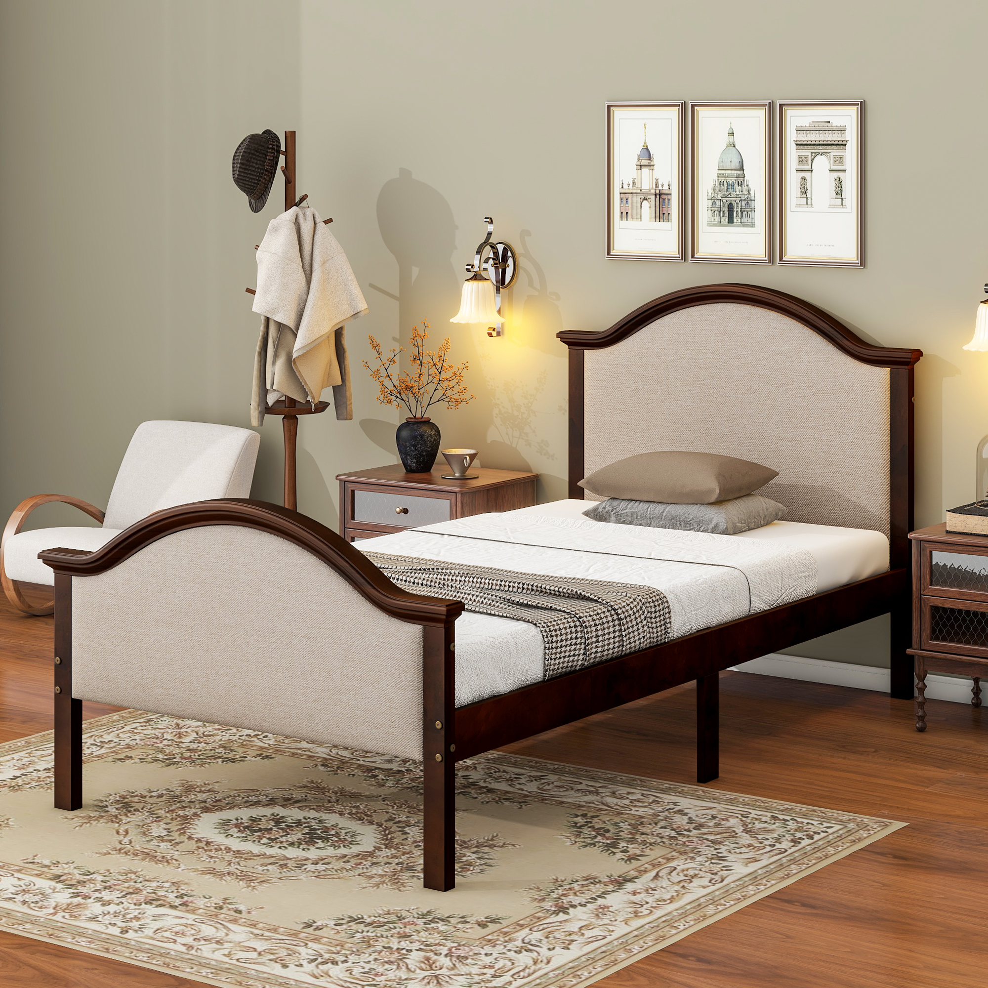 Twin Bed with Upholstered Headboard and Footboard, with Slats,Walnut