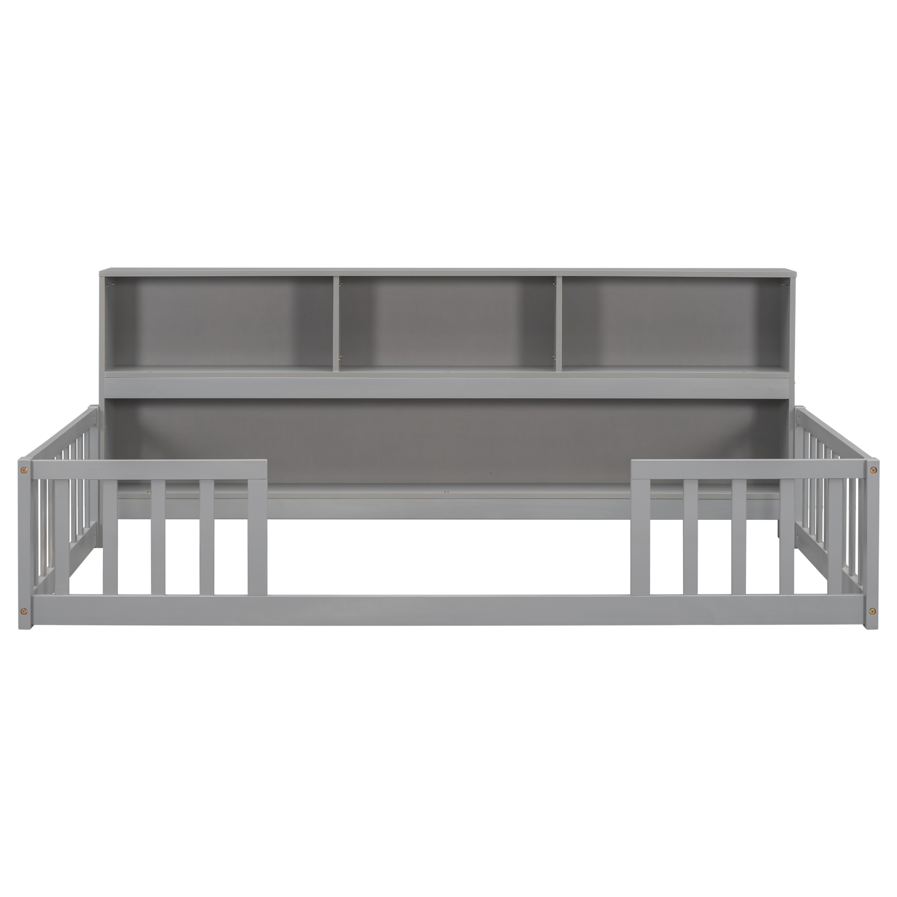 Twin Floor Bed with  Bedside Bookcase,Shelves,Guardrails,Grey