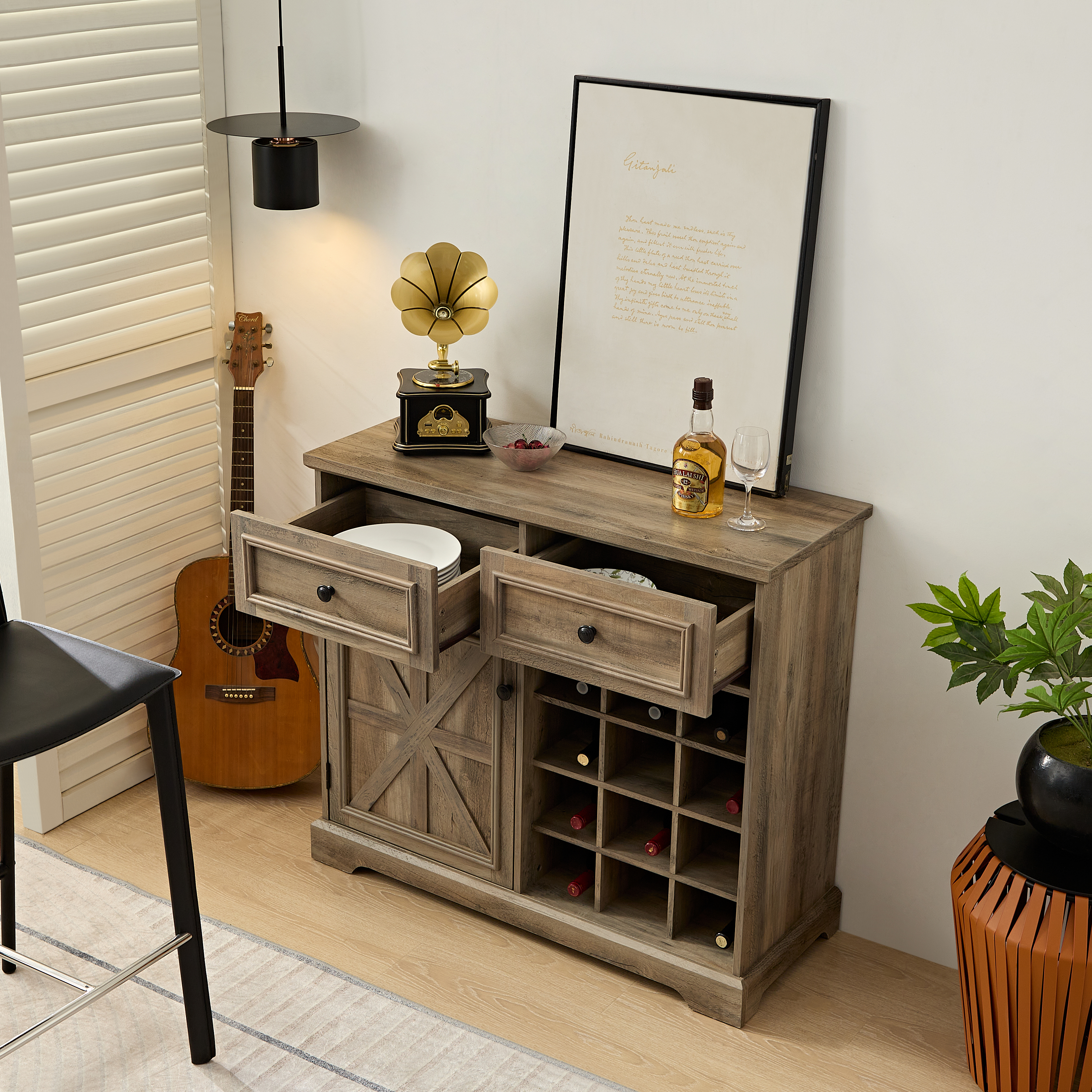 Coffee Bar Cabinet w/Barn Door, Buffet Sideboard w/Drawers, Wine Rack & Shelves