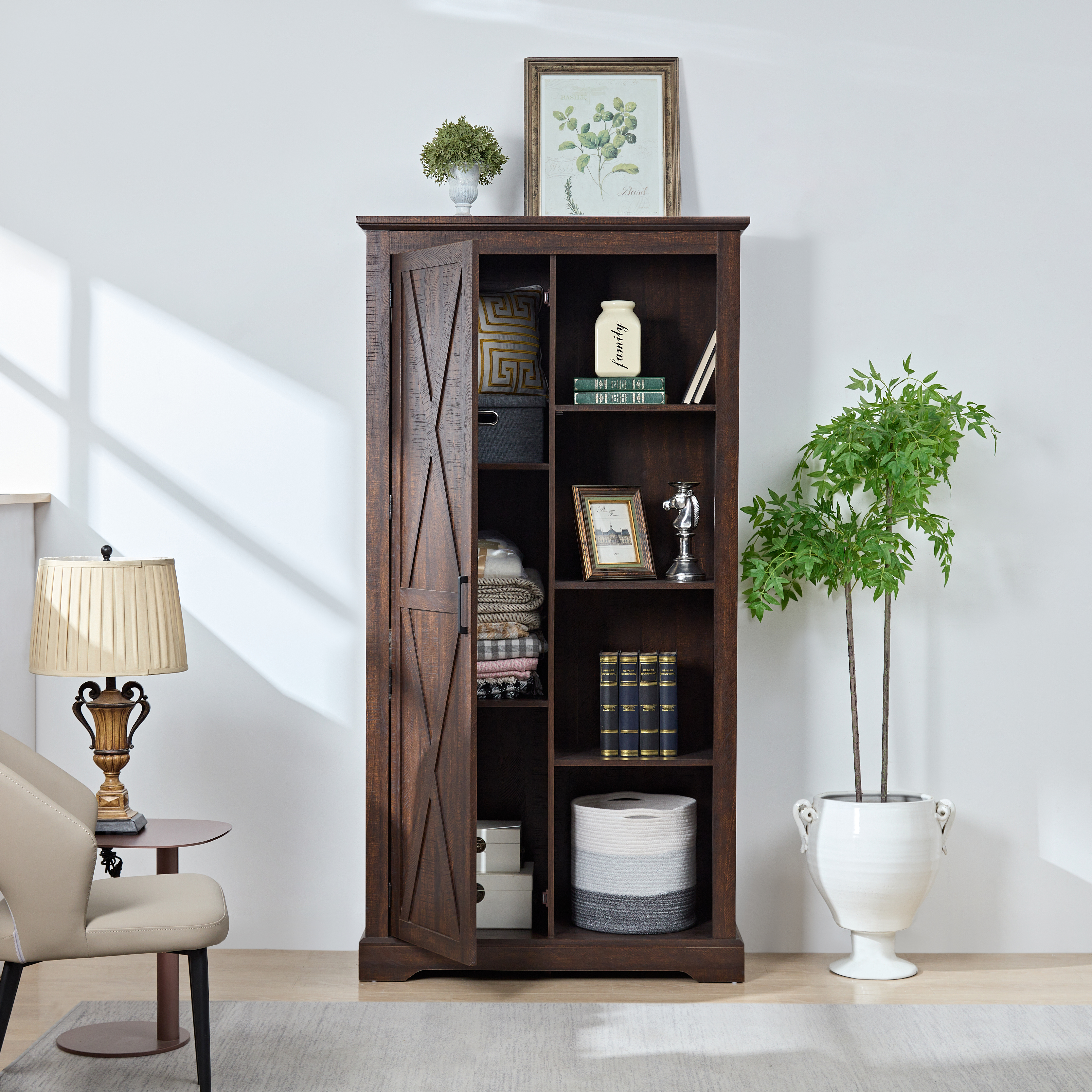 Tall Storage Cabinet Barn Door Storage Country Wood Rustic Farmhouse Pantry Cupboard Sliding Door Kitchen Organizer Furniture Home Drawer Shelves L39.37''*W15.75''*H74.4''  Espresso