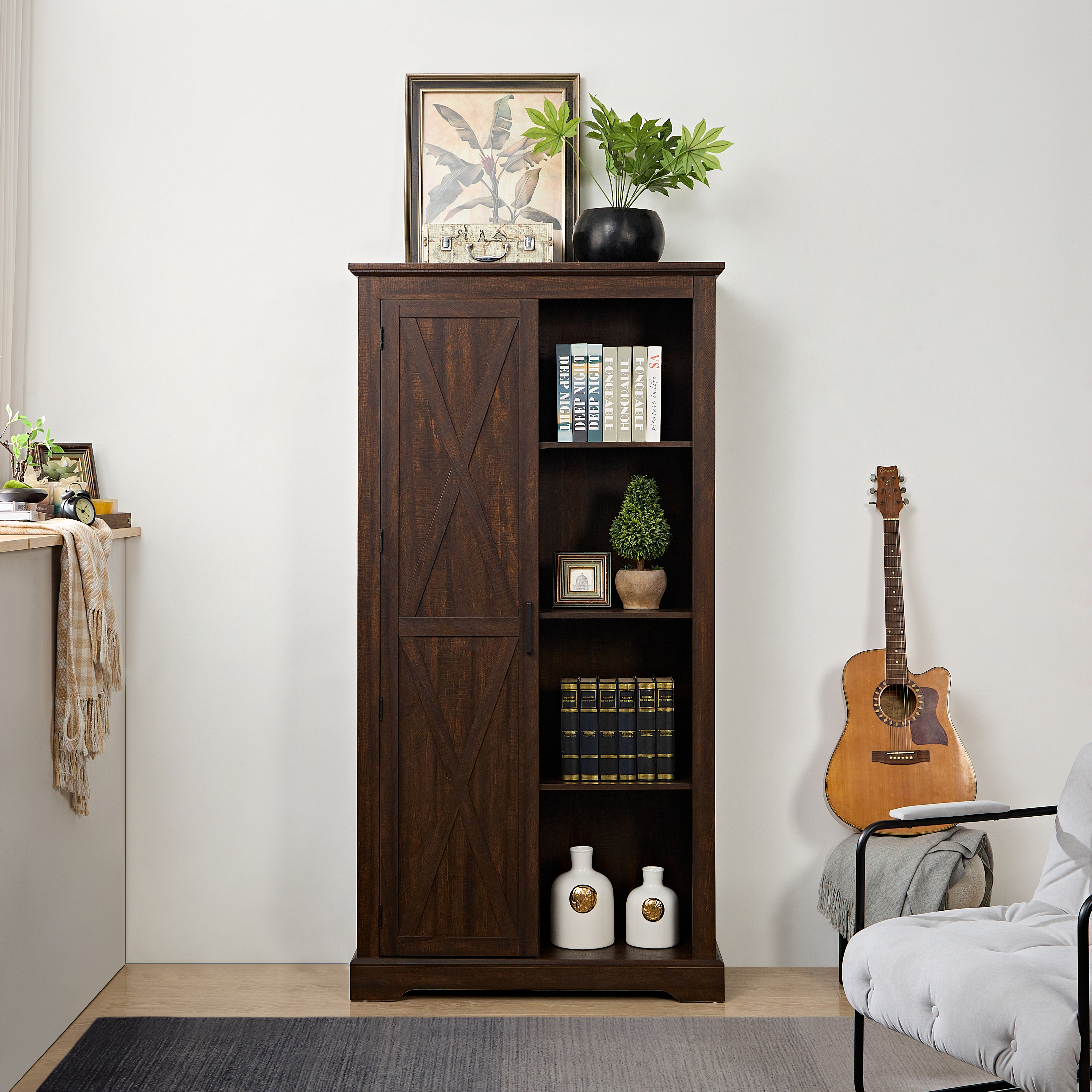 Tall Storage Cabinet Barn Door Storage Country Wood Rustic Farmhouse Pantry Cupboard Sliding Door Kitchen Organizer Furniture Home Drawer Shelves L39.37''*W15.75''*H74.4''  Espresso