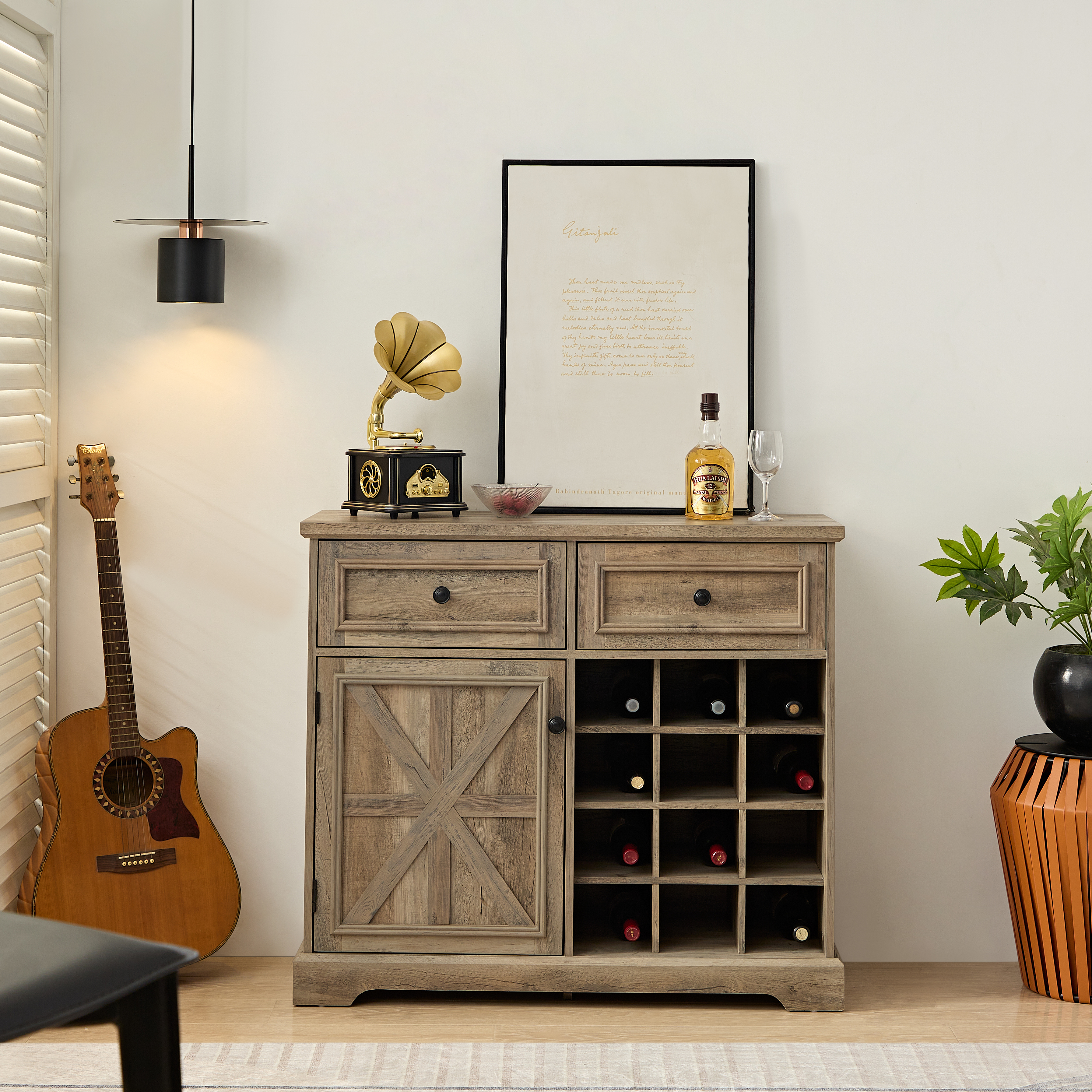 Coffee Bar Cabinet w/Barn Door, Buffet Sideboard w/Drawers, Wine Rack & Shelves