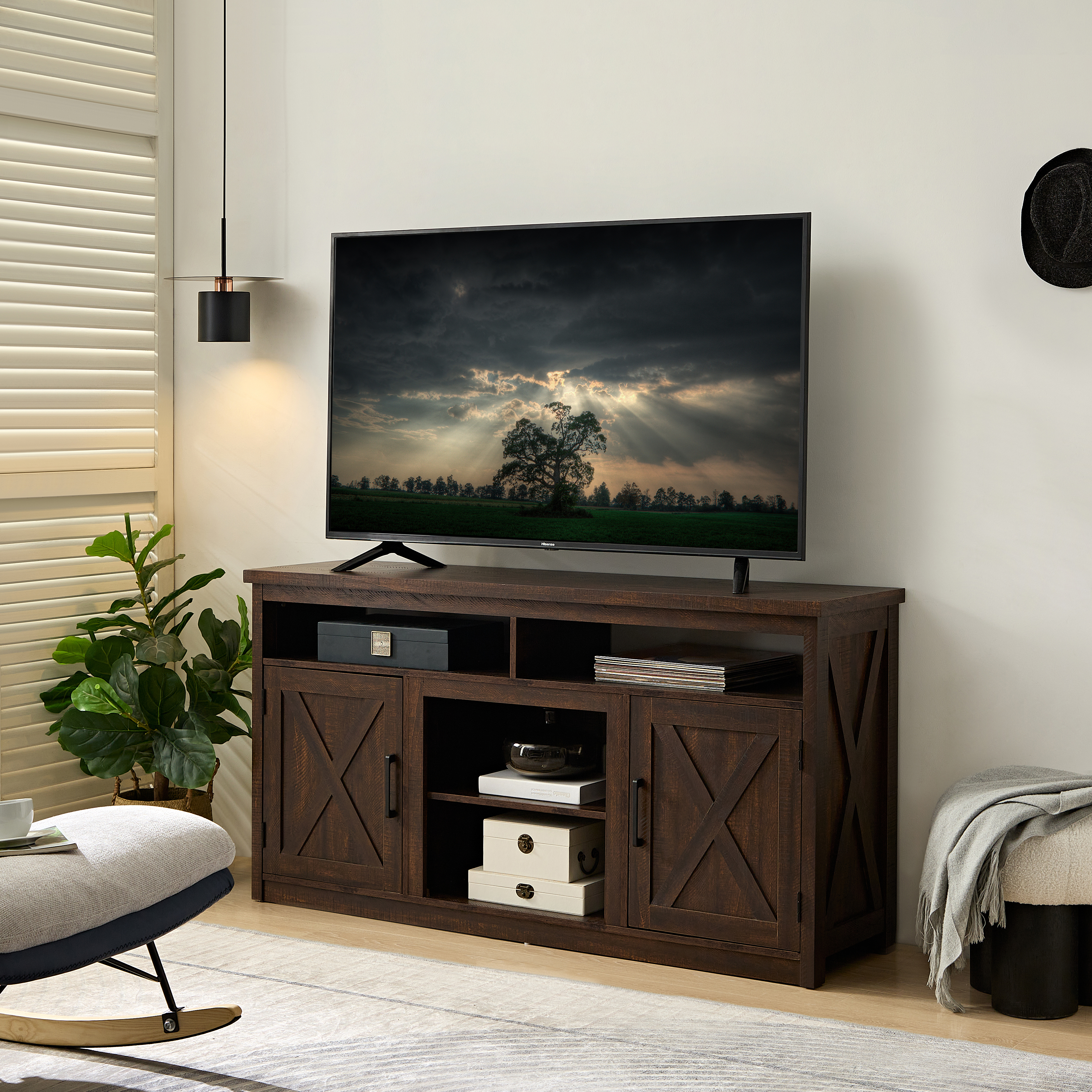 Farmhouse Barn door TV Media Stand Modern Entertainment Console for TV Up to 65" with Open and Closed Storage Space,Espresso L57.87*W15.75*H30.31