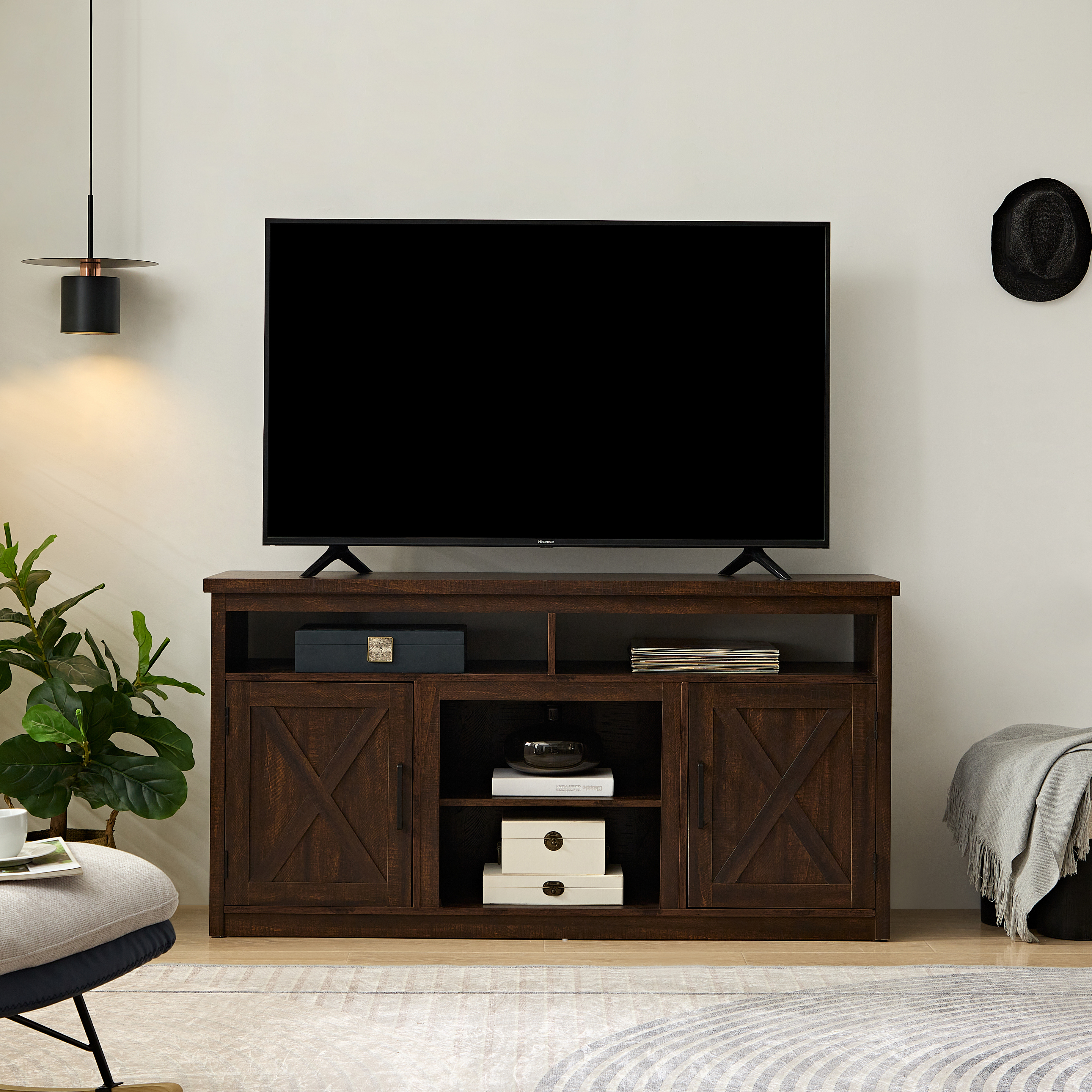 Farmhouse Barn door TV Media Stand Modern Entertainment Console for TV Up to 65" with Open and Closed Storage Space,Espresso L57.87*W15.75*H30.31