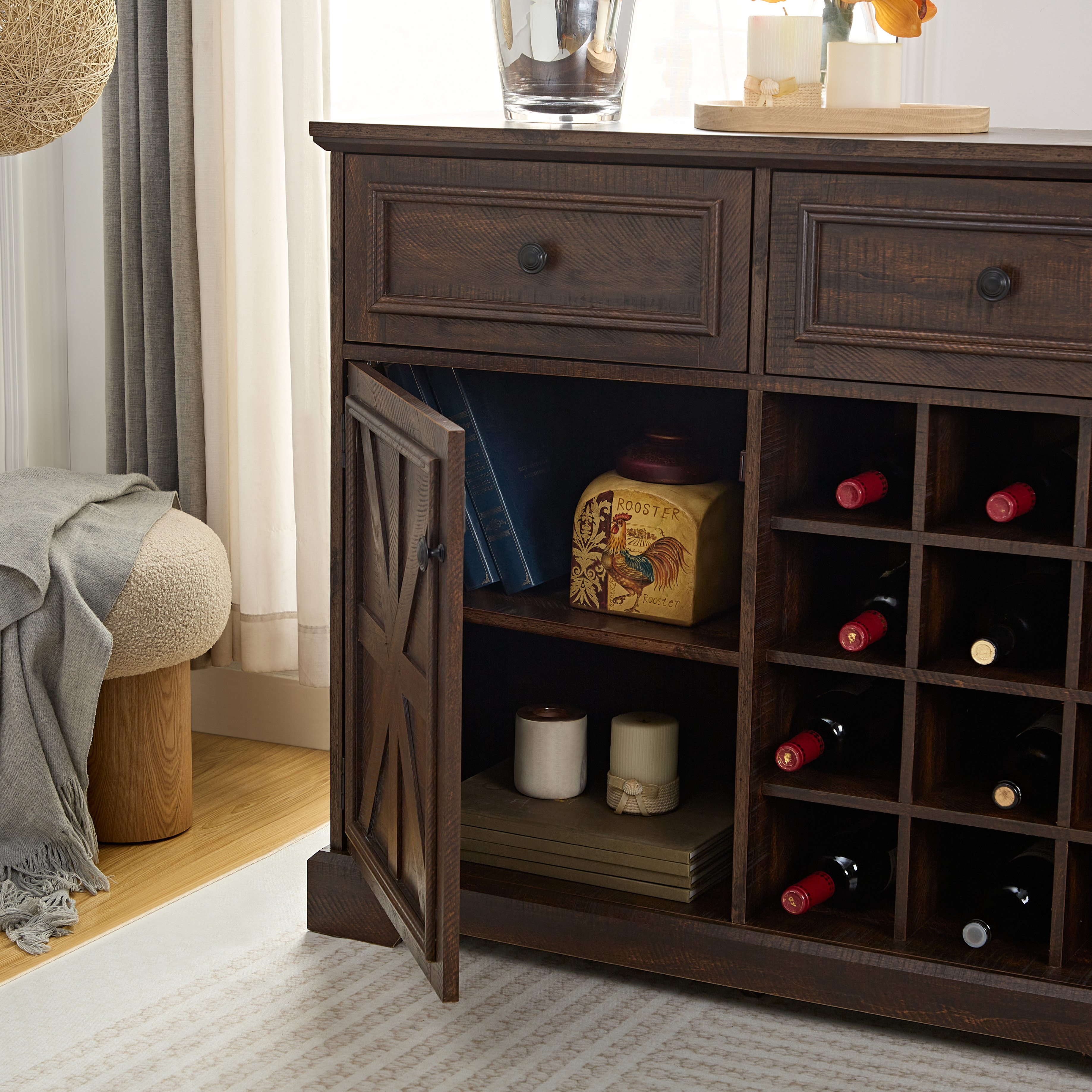 Coffee Bar Cabinet w/Barn Door, Buffet Sideboard w/Drawers, Wine Rack & Shelves