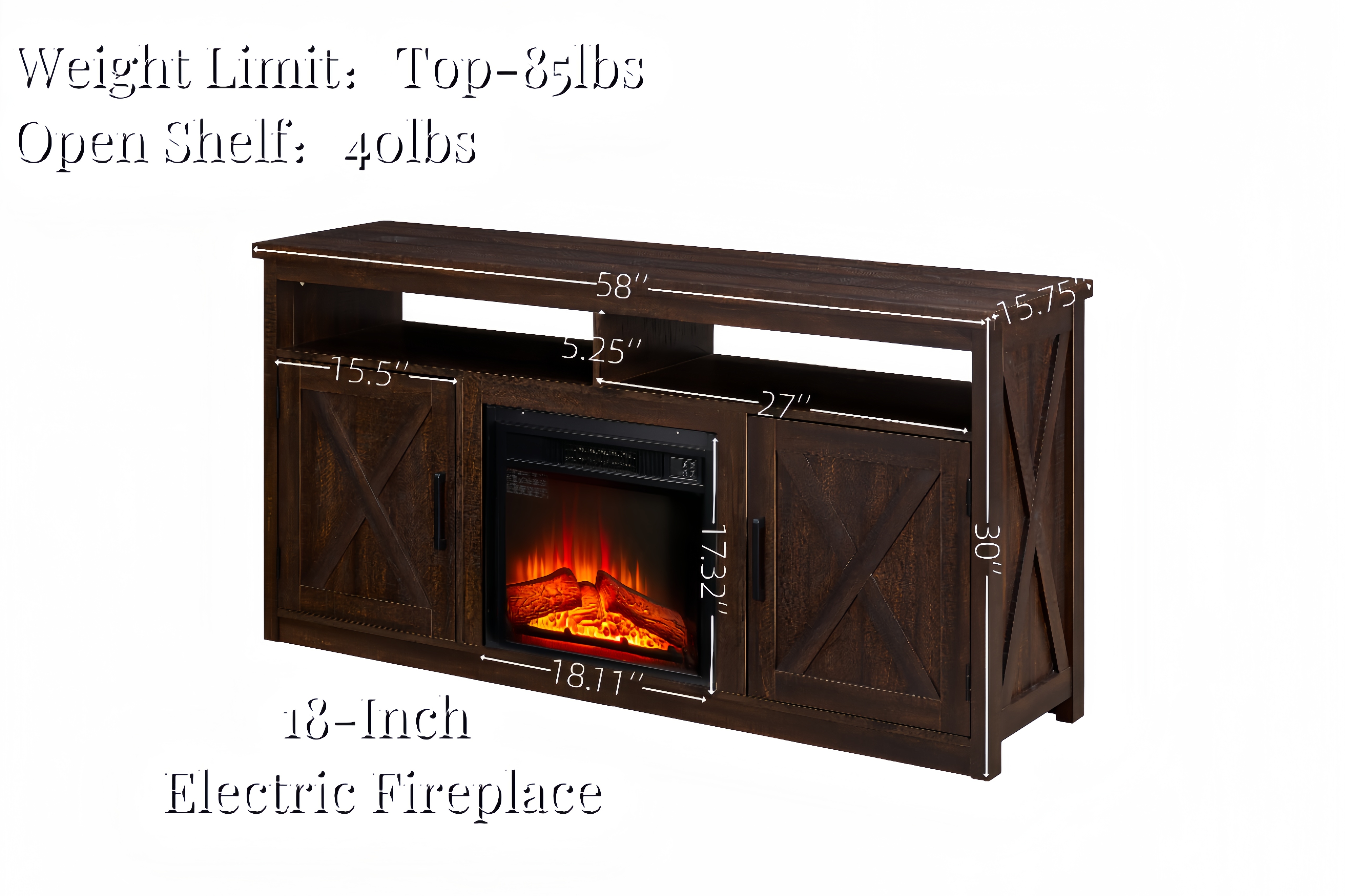 Farmhouse TV Media Stand, Large Barn Inspired Home Entertainment Console, with 18" Fireplace Insert, for TV Up to 65'', with Open Shelves and Closed Cabinets, Espresso 57.87*15.75*30.31