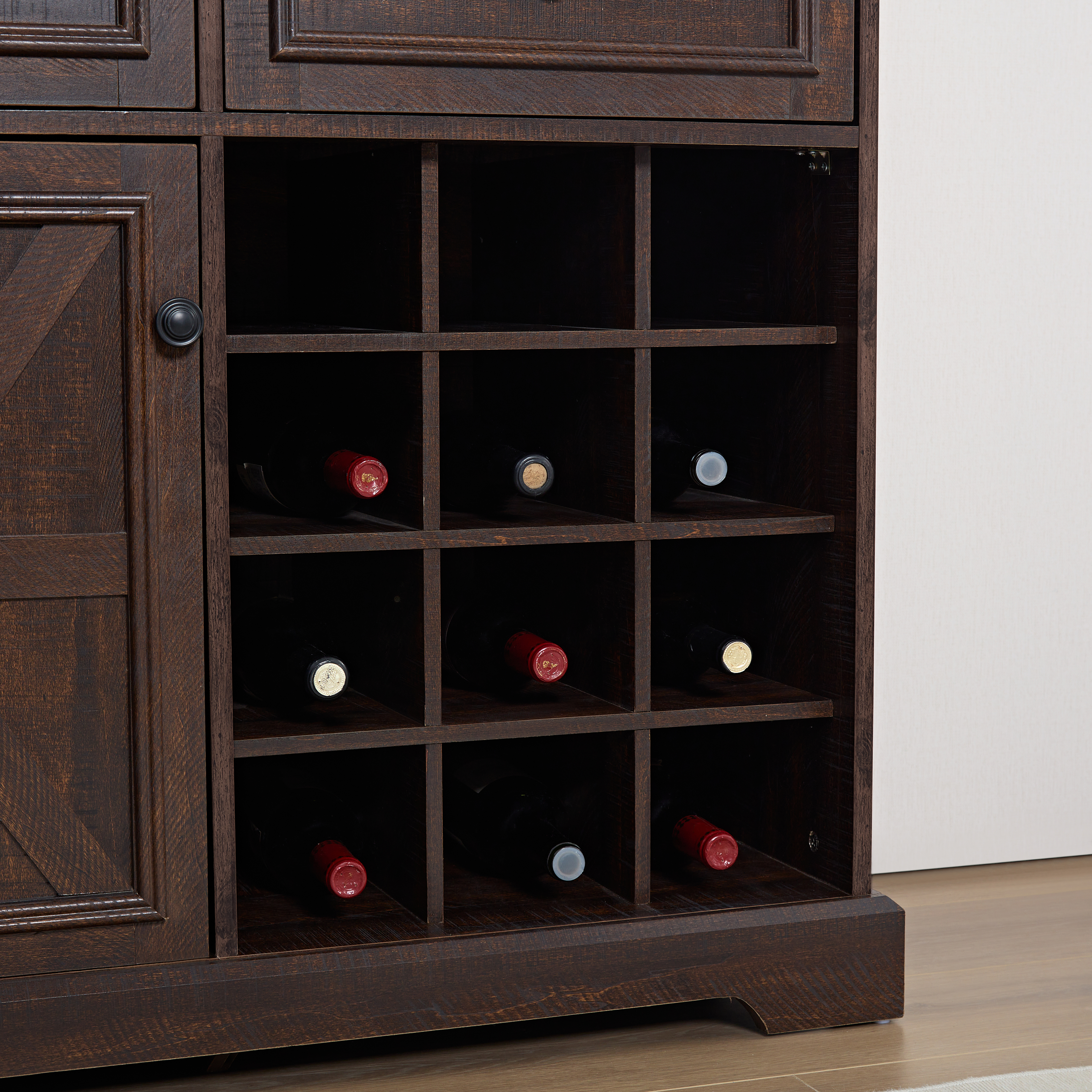 Coffee Bar Cabinet w/Barn Door, Buffet Sideboard w/Drawers, Wine Rack & Shelves