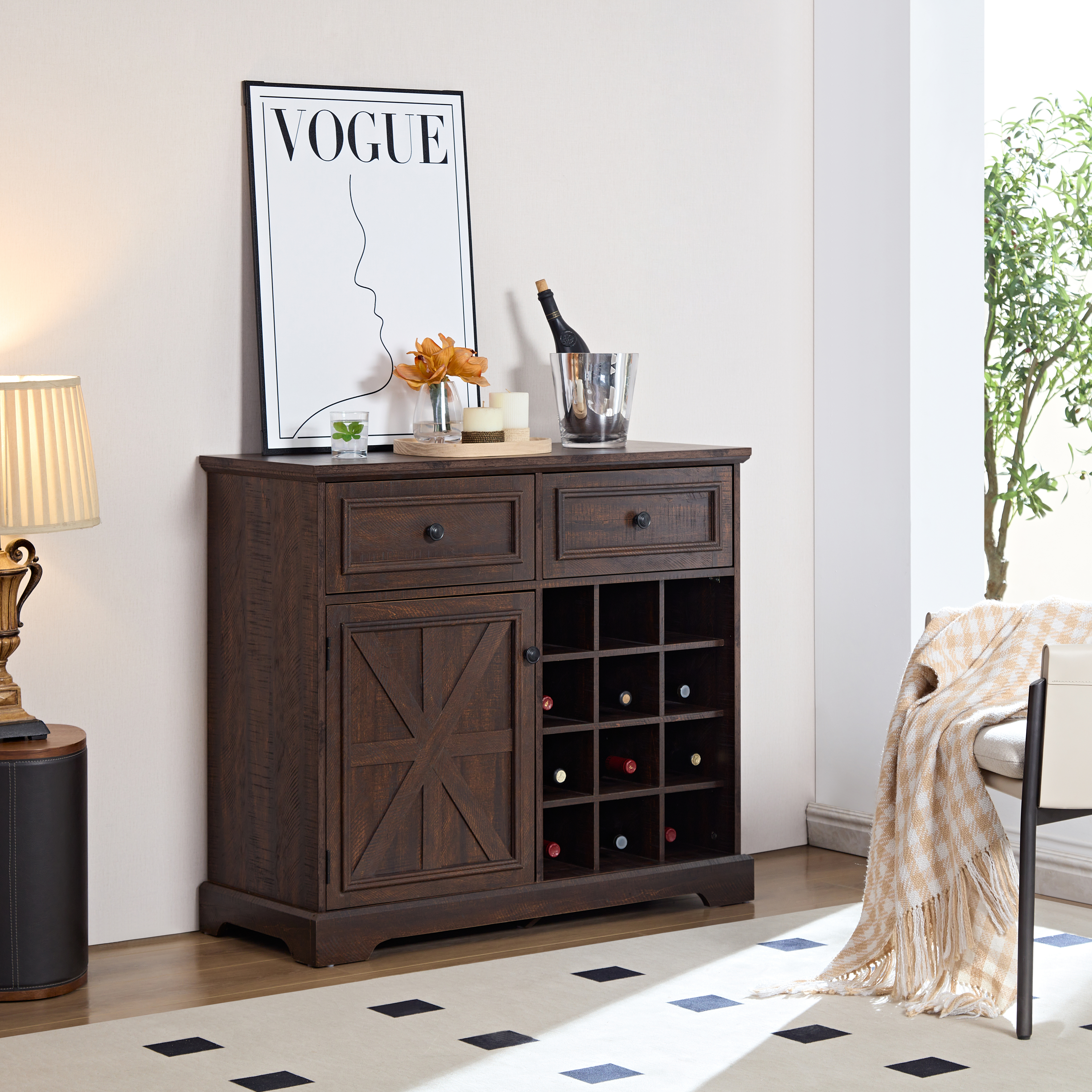 Coffee Bar Cabinet w/Barn Door, Buffet Sideboard w/Drawers, Wine Rack & Shelves