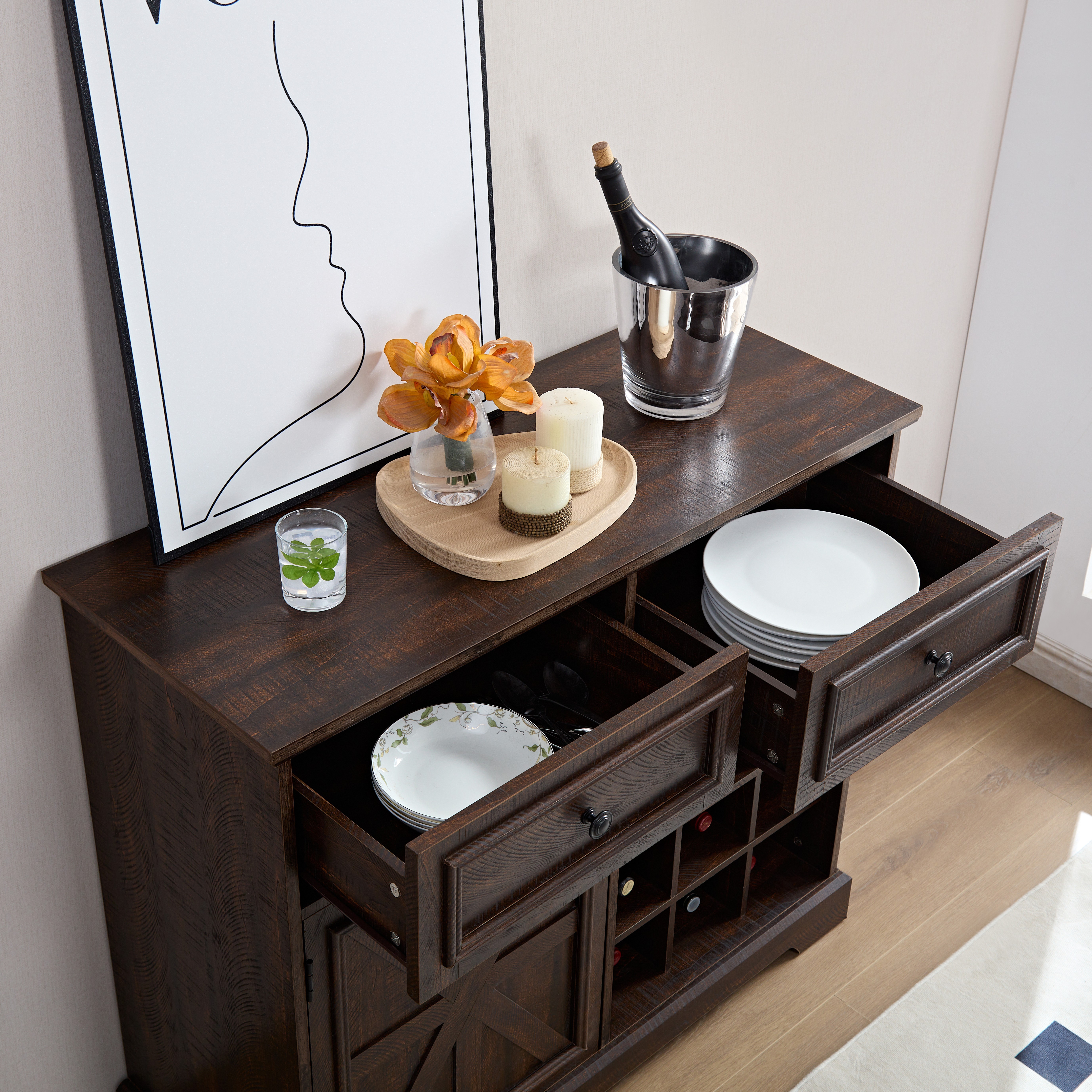 Coffee Bar Cabinet w/Barn Door, Buffet Sideboard w/Drawers, Wine Rack & Shelves