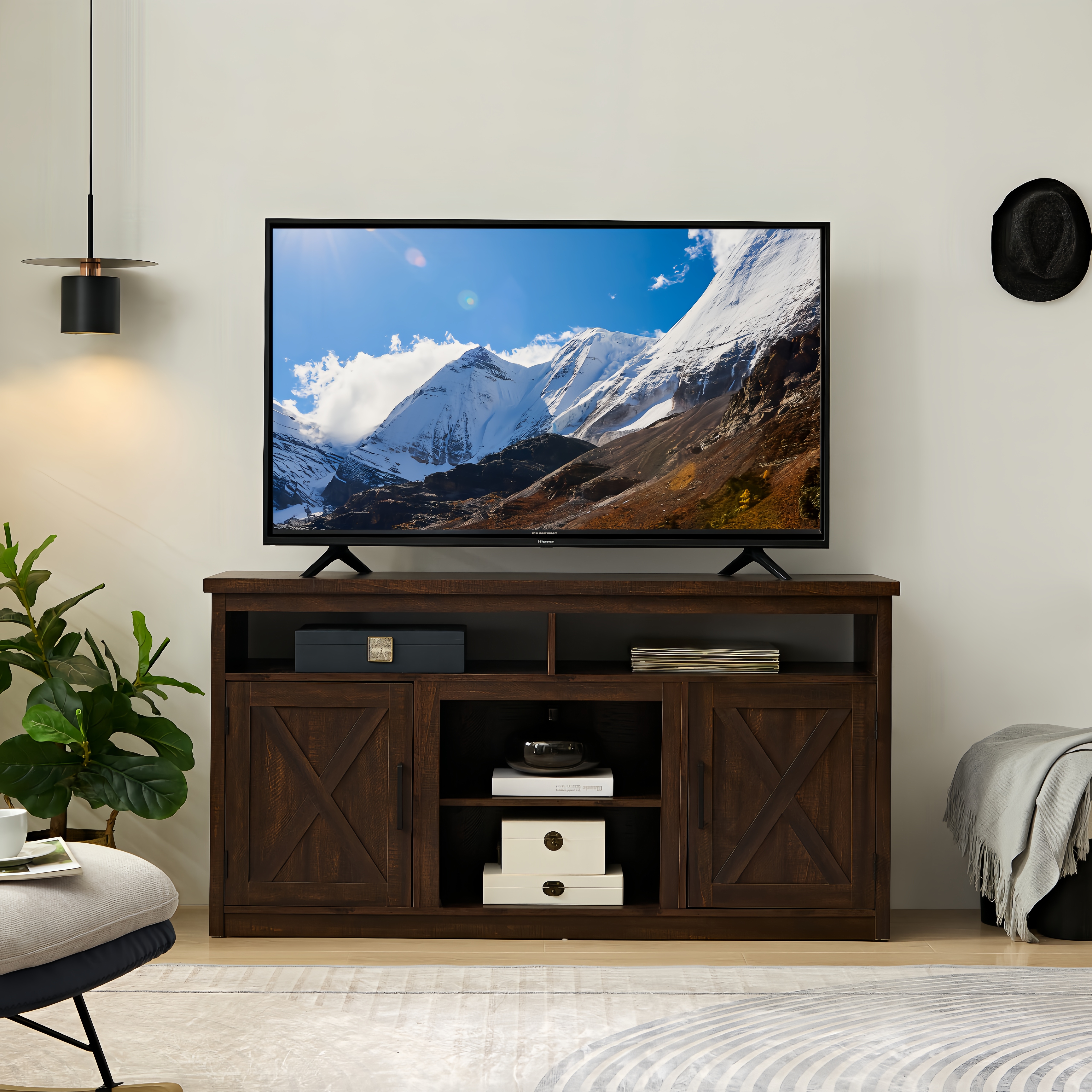 Farmhouse Barn door TV Media Stand Modern Entertainment Console for TV Up to 65" with Open and Closed Storage Space,Espresso L57.87*W15.75*H30.31