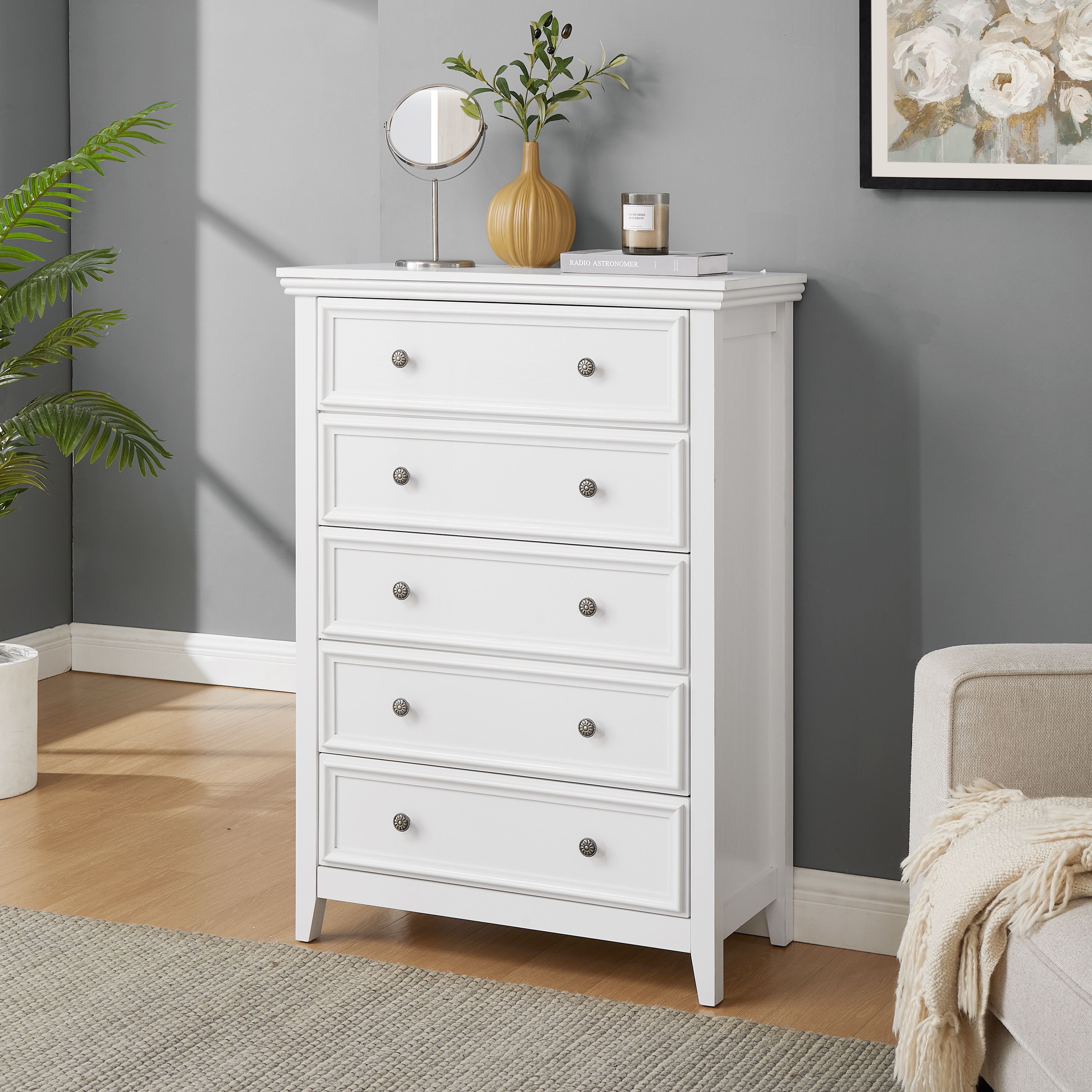 Modern 5 Drawers Dresser 5 Drawers Cabinet,Chest of Drawers Closet Organizers and Storage Clothes Storage Drawers Cabinet for Living Room, Farmhouse Dresser Organizer WHITE