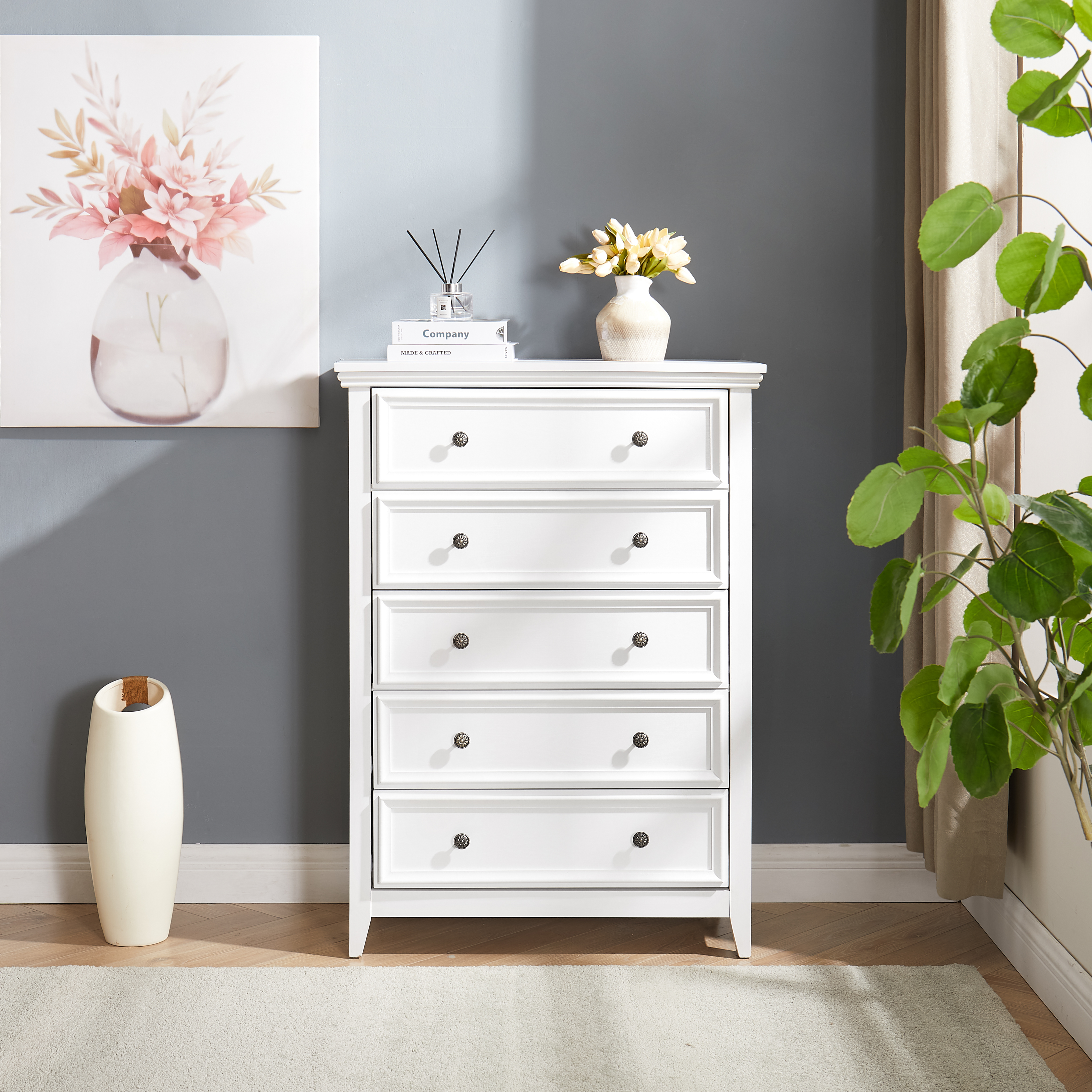 Modern 5 Drawers Dresser 5 Drawers Cabinet,Chest of Drawers Closet Organizers and Storage Clothes Storage Drawers Cabinet for Living Room, Farmhouse Dresser Organizer WHITE