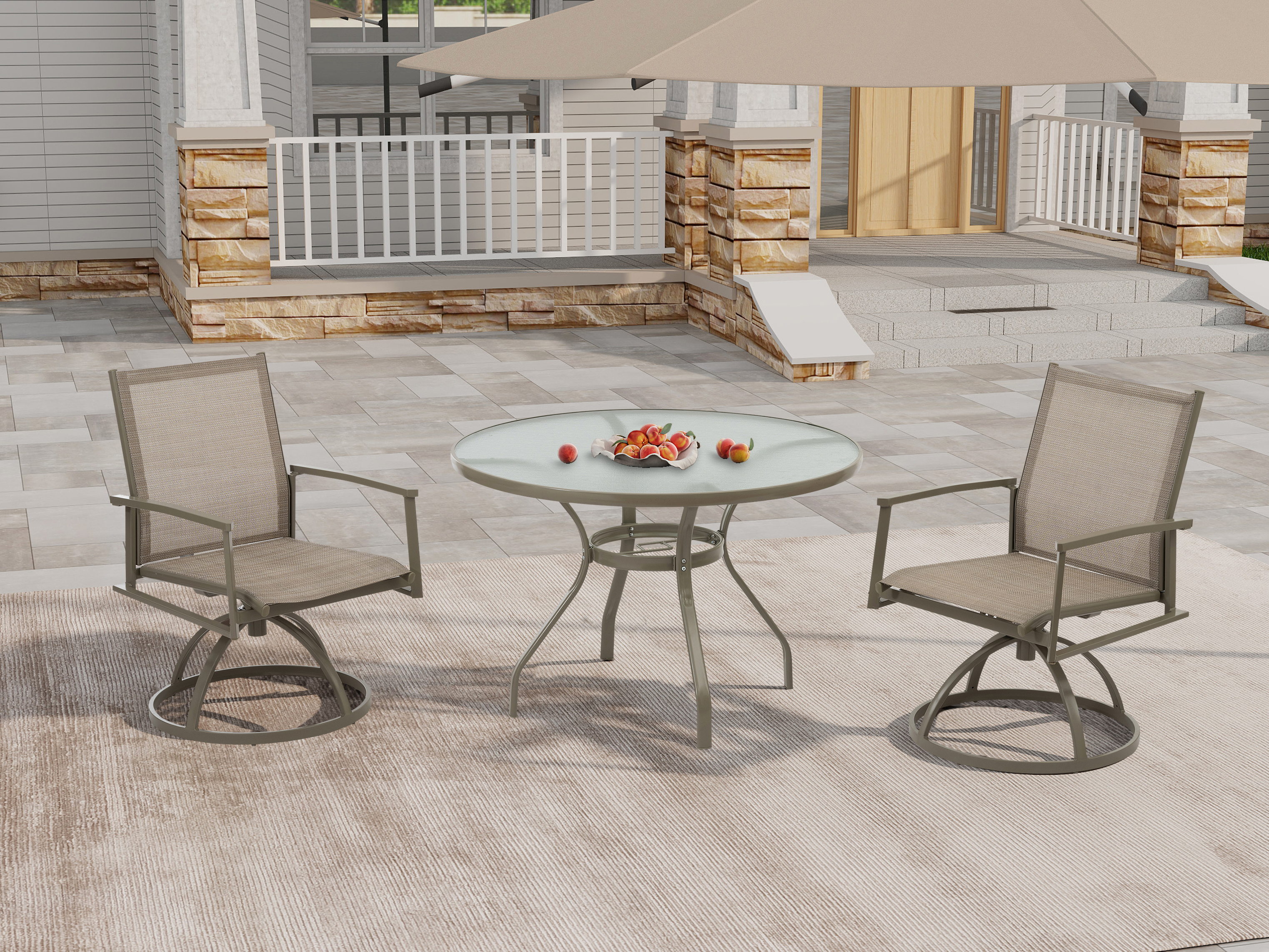 3-Piece Bistro Patio Table and Chairs Set with Tan PVC Sling Swivel Rocker Chairs and Round Cast-Top Outdoor Table, Premium Weather Resistant Outdoor Dining Set for Backyard & Deck