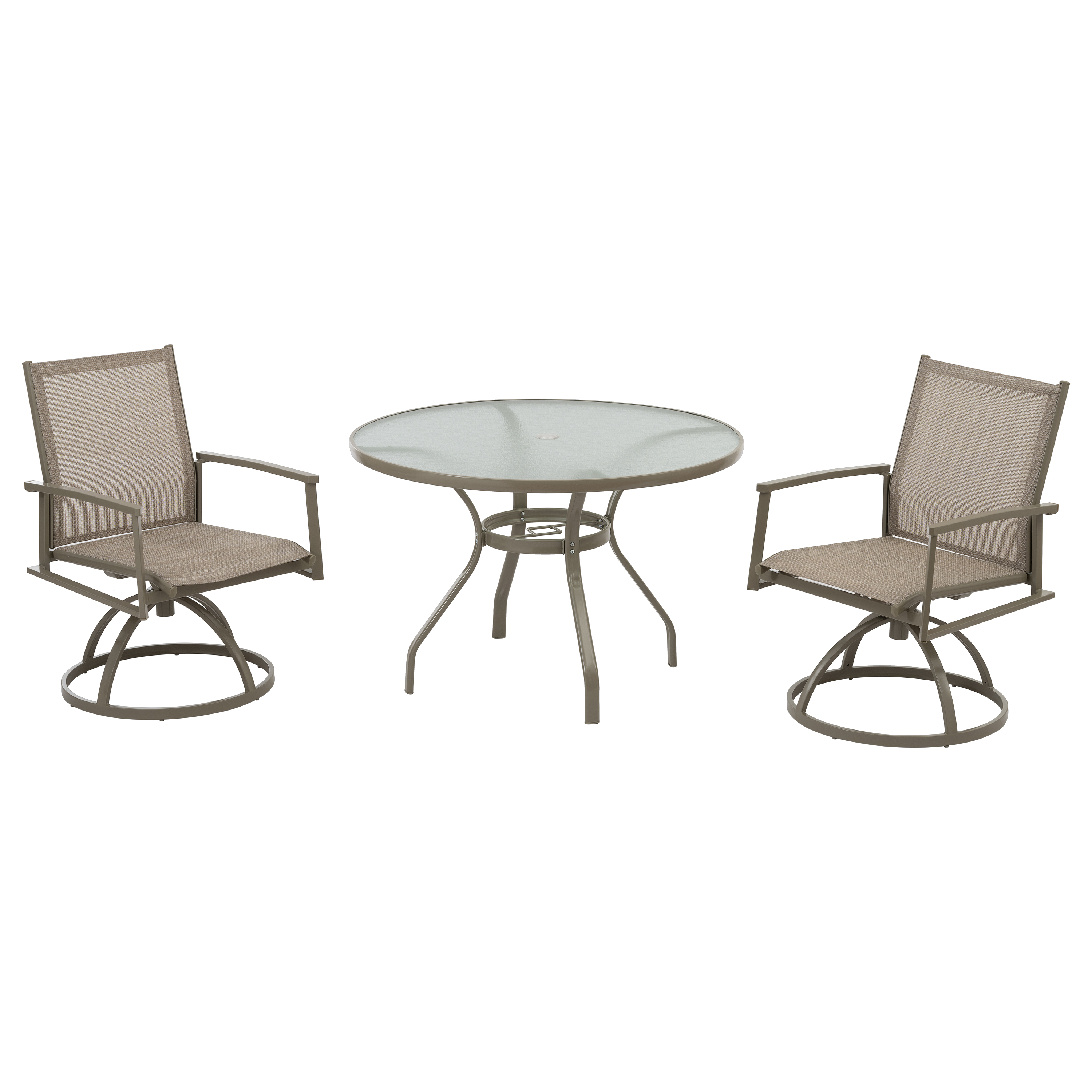 3-Piece Bistro Patio Table and Chairs Set with Tan PVC Sling Swivel Rocker Chairs and Round Cast-Top Outdoor Table, Premium Weather Resistant Outdoor Dining Set for Backyard & Deck