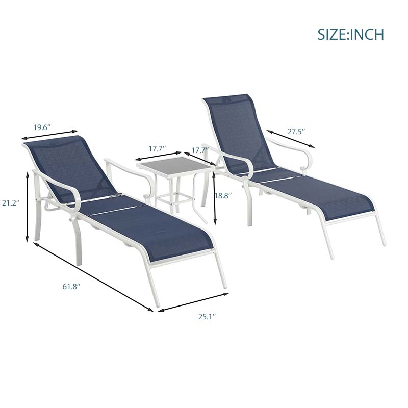 3 Pack Patio Lounge Chair, Outdoor Chaise Lounge with 5 Adjustable Backrest, Sturdy Steel Frame, Sunbathing Recliner, Beach Chair, Tanning Chair for Outside, Yard, Balcony, Pool Chairs,white-blue