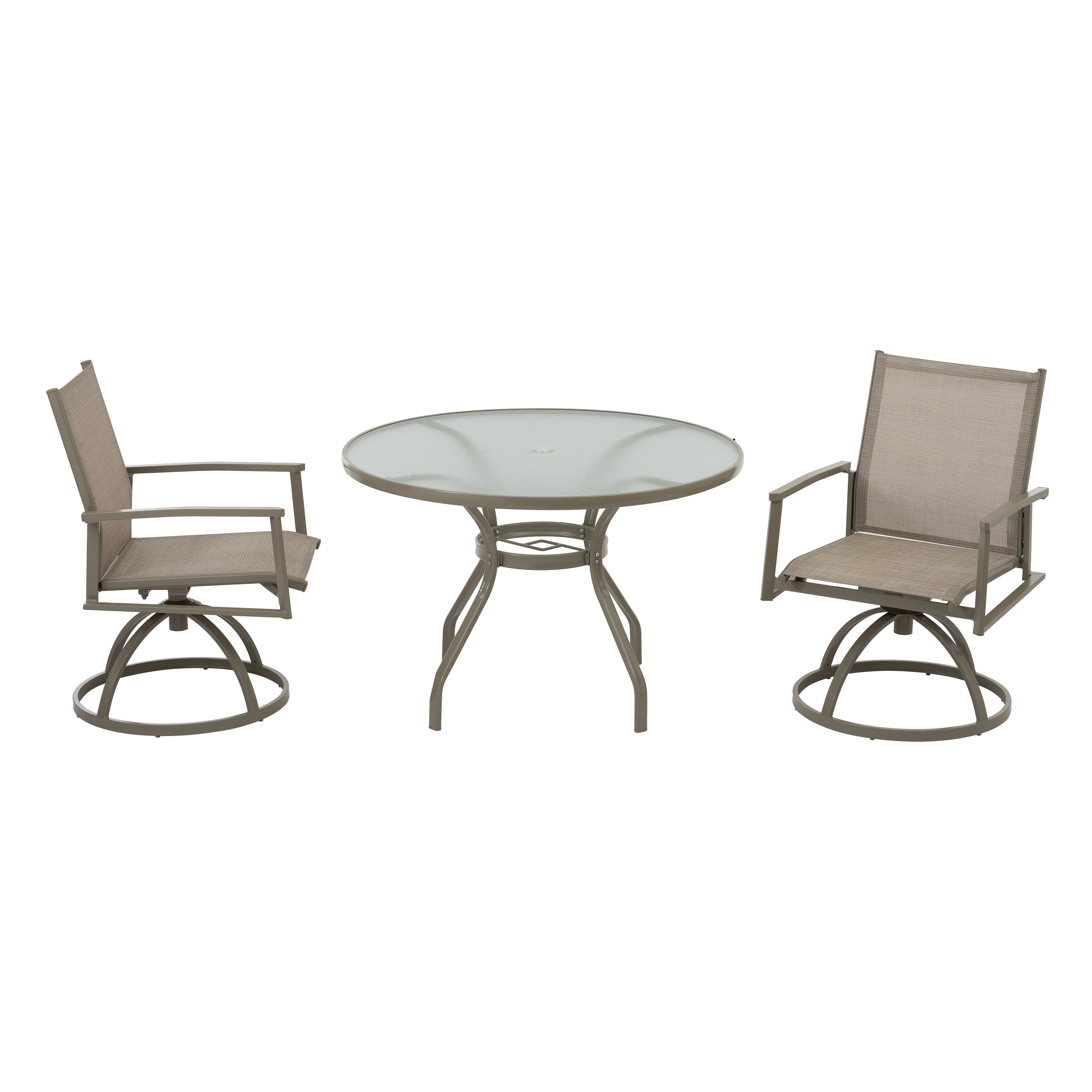 3-Piece Bistro Patio Table and Chairs Set with Tan PVC Sling Swivel Rocker Chairs and Round Cast-Top Outdoor Table, Premium Weather Resistant Outdoor Dining Set for Backyard & Deck