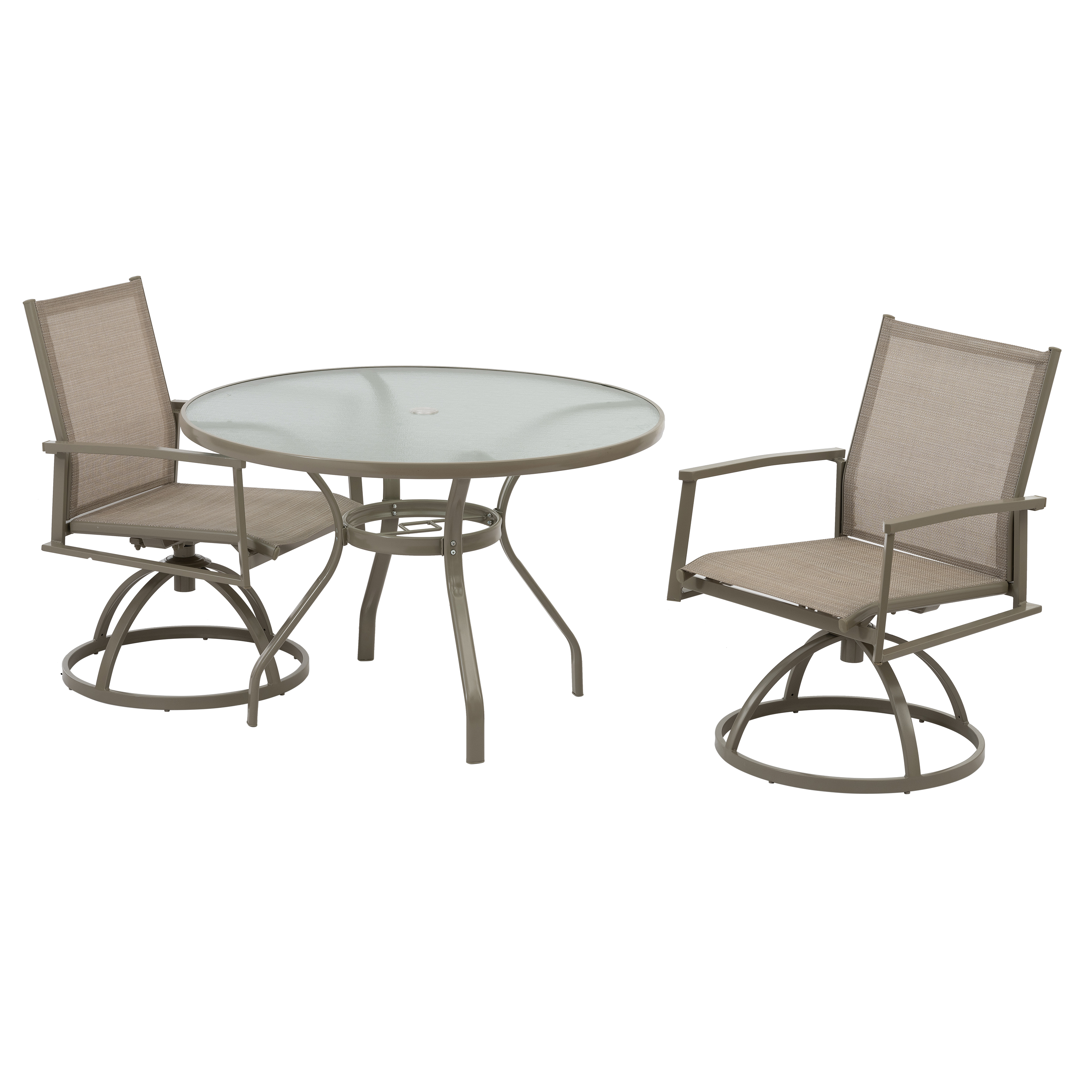 3-Piece Bistro Patio Table and Chairs Set with Tan PVC Sling Swivel Rocker Chairs and Round Cast-Top Outdoor Table, Premium Weather Resistant Outdoor Dining Set for Backyard & Deck