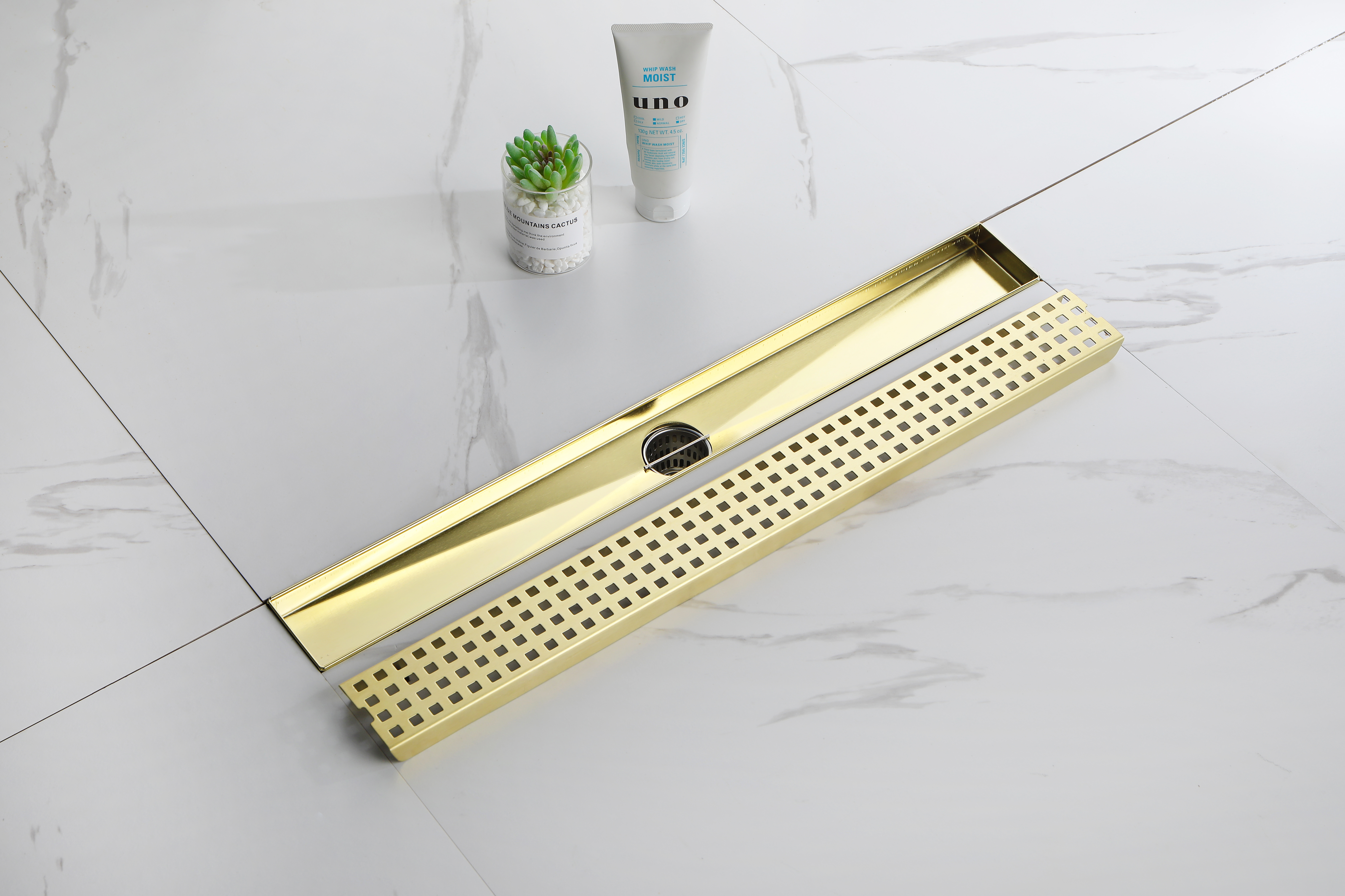 24 Inches Linear Shower Drain with Removable Quadrato Pattern Grate, 304 Stainless Shower Drain Included Hair Strainer and Leveling Feet, Flange