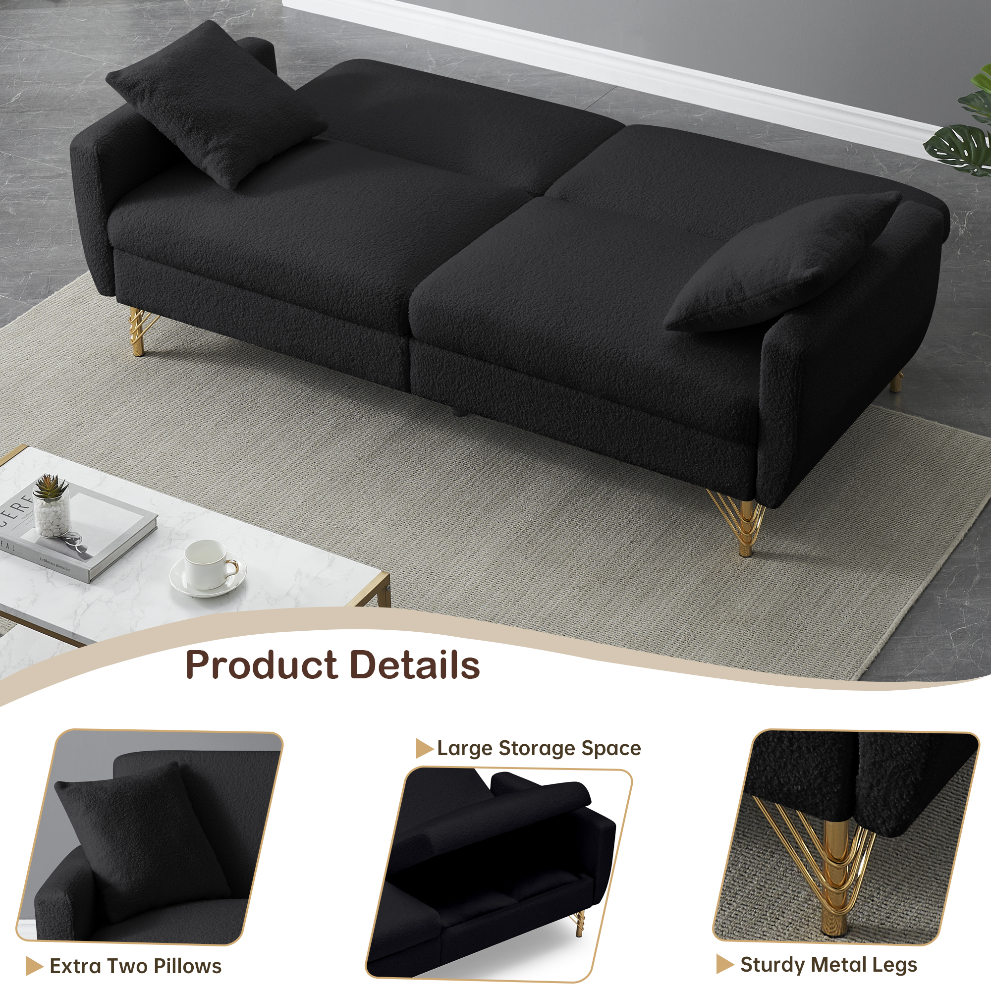 74.41 Inch Teddy Velvet sofa bed with Separate adjustment backrest and Storage Function