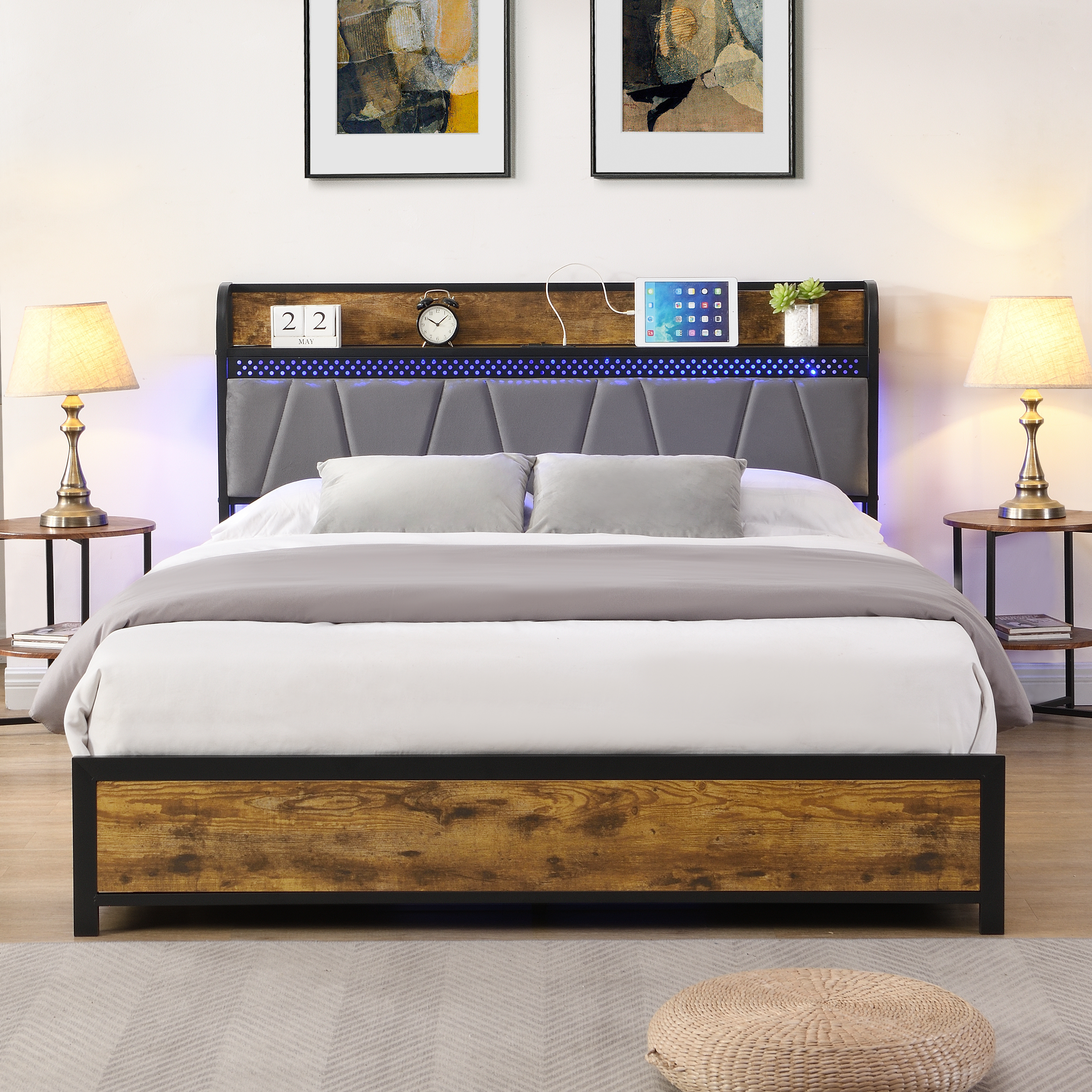 Queen Size Bed Frame, Storage Headboard with Charging Station and 4 Storage Drawers,LED Lights , Brown and and Gray