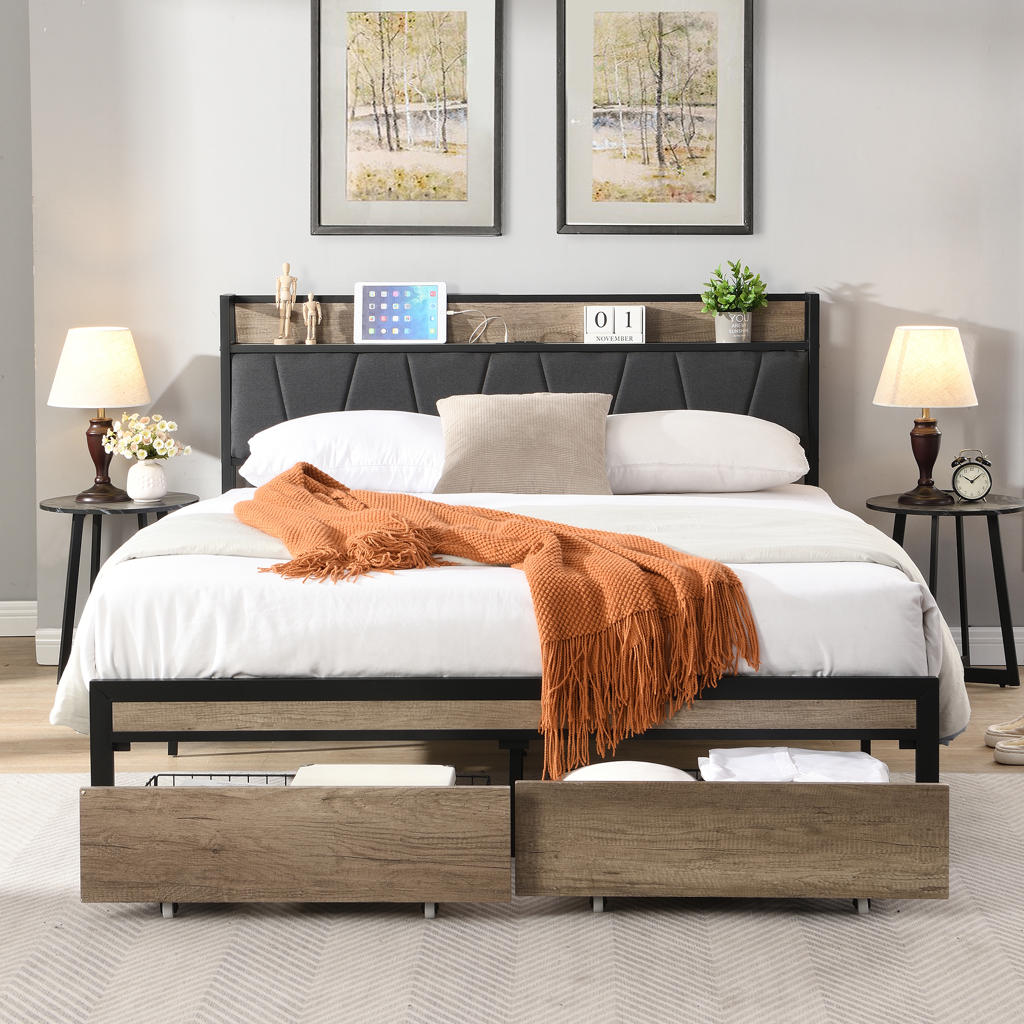 FULL Size Metal Platform Bed Frame with upholstery storage function Headboard and USB LINER and Footboard with drawers, No Box Spring Needed, Large Under Bed Storage, Easy Assemble