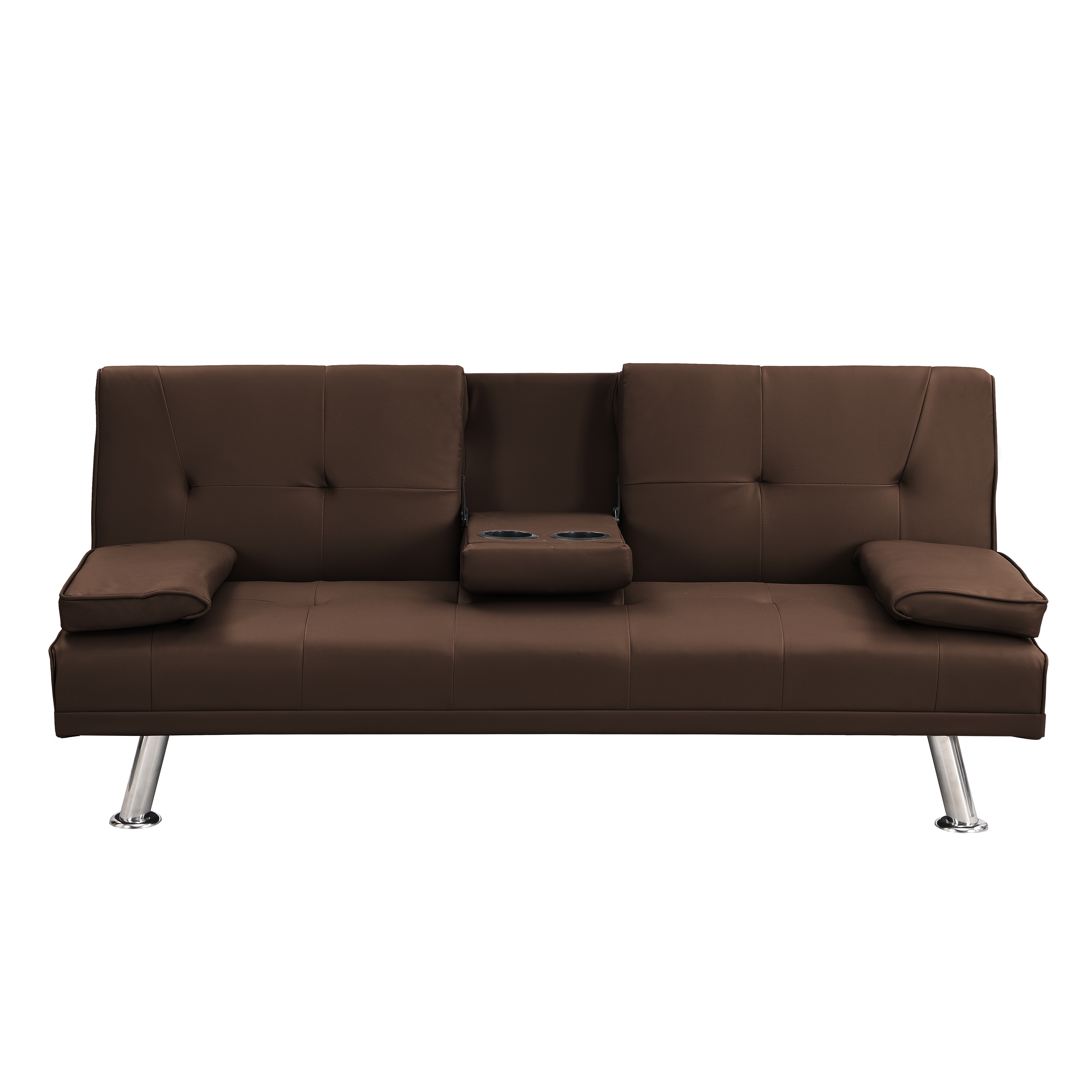 Sofa Bed with Armrest two holders  WOOD FRAME, STAINLESS LEG, FUTON BROWN  PVC