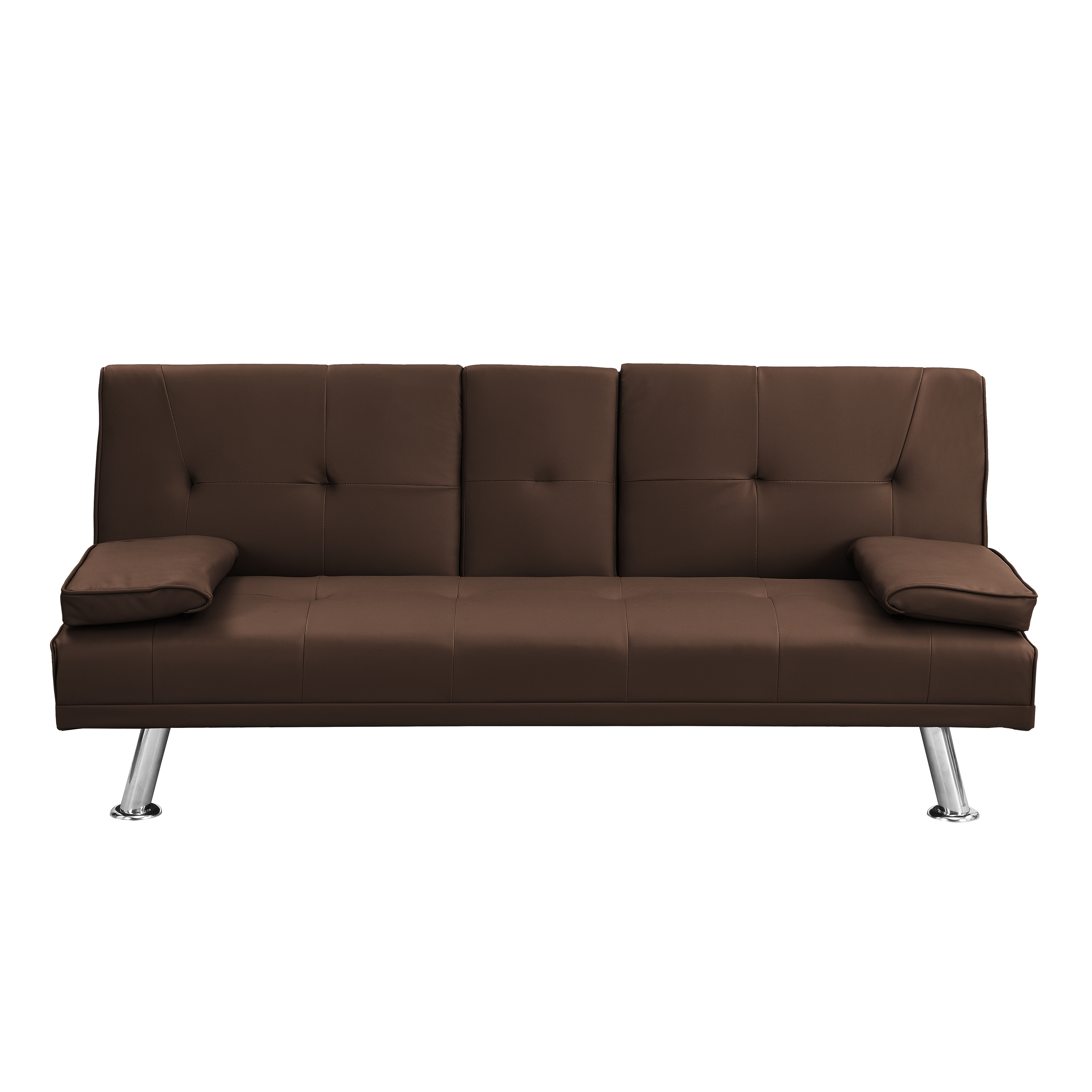 Sofa Bed with Armrest two holders  WOOD FRAME, STAINLESS LEG, FUTON BROWN  PVC