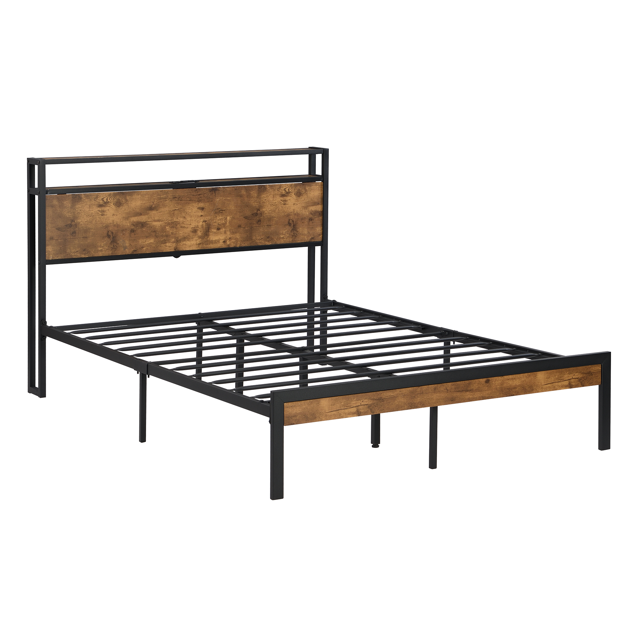 Full Size Metal Platform Bed Frame with Wooden Headboard and Footboard with USB LINER, No Box Spring Needed, Large Under Bed Storage, Easy Assemble