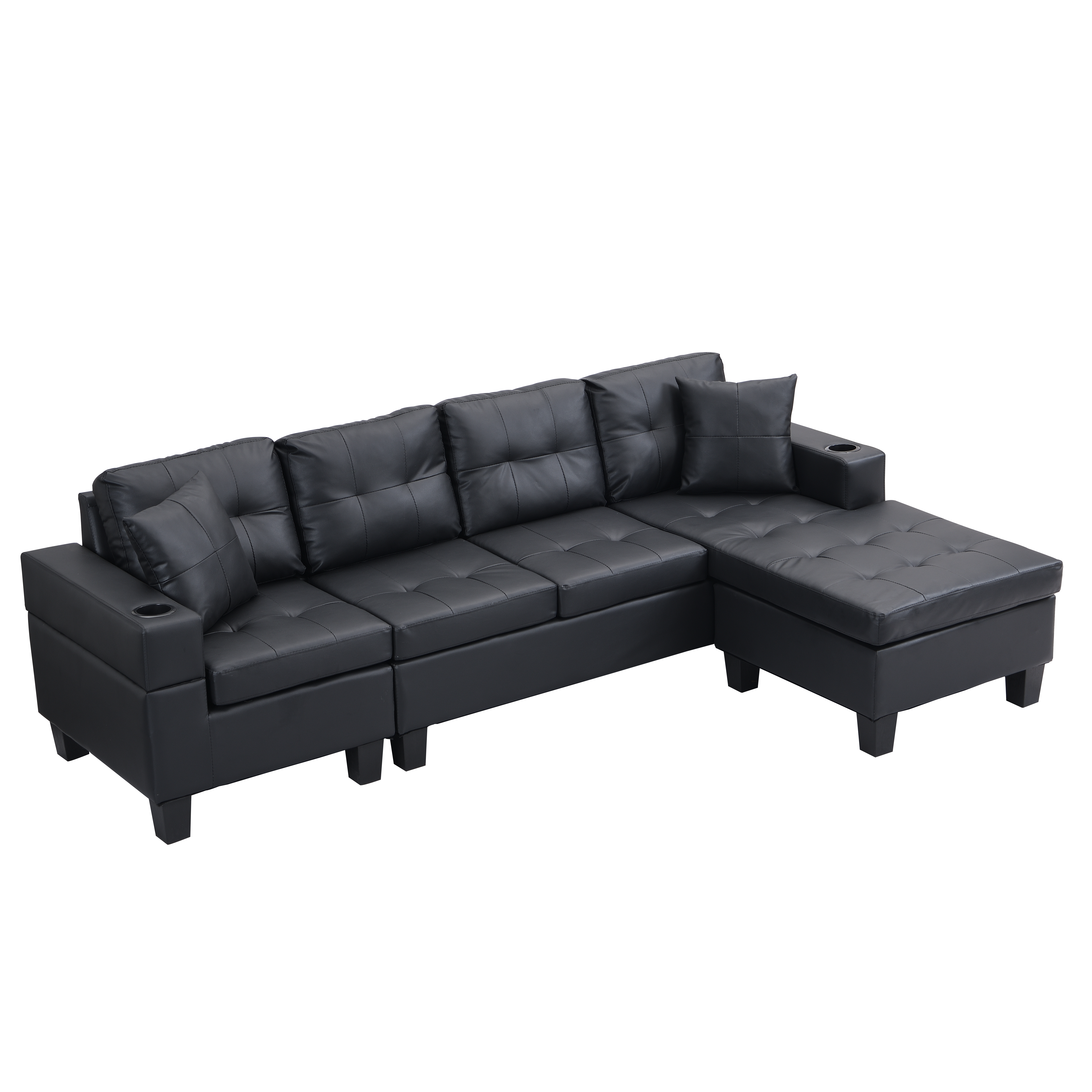 Sectional Sofa Set for Living Room with L Shape Chaise Lounge ,cup holder and Left or Right Hand Chaise Modern 4 Seat (BLACK)