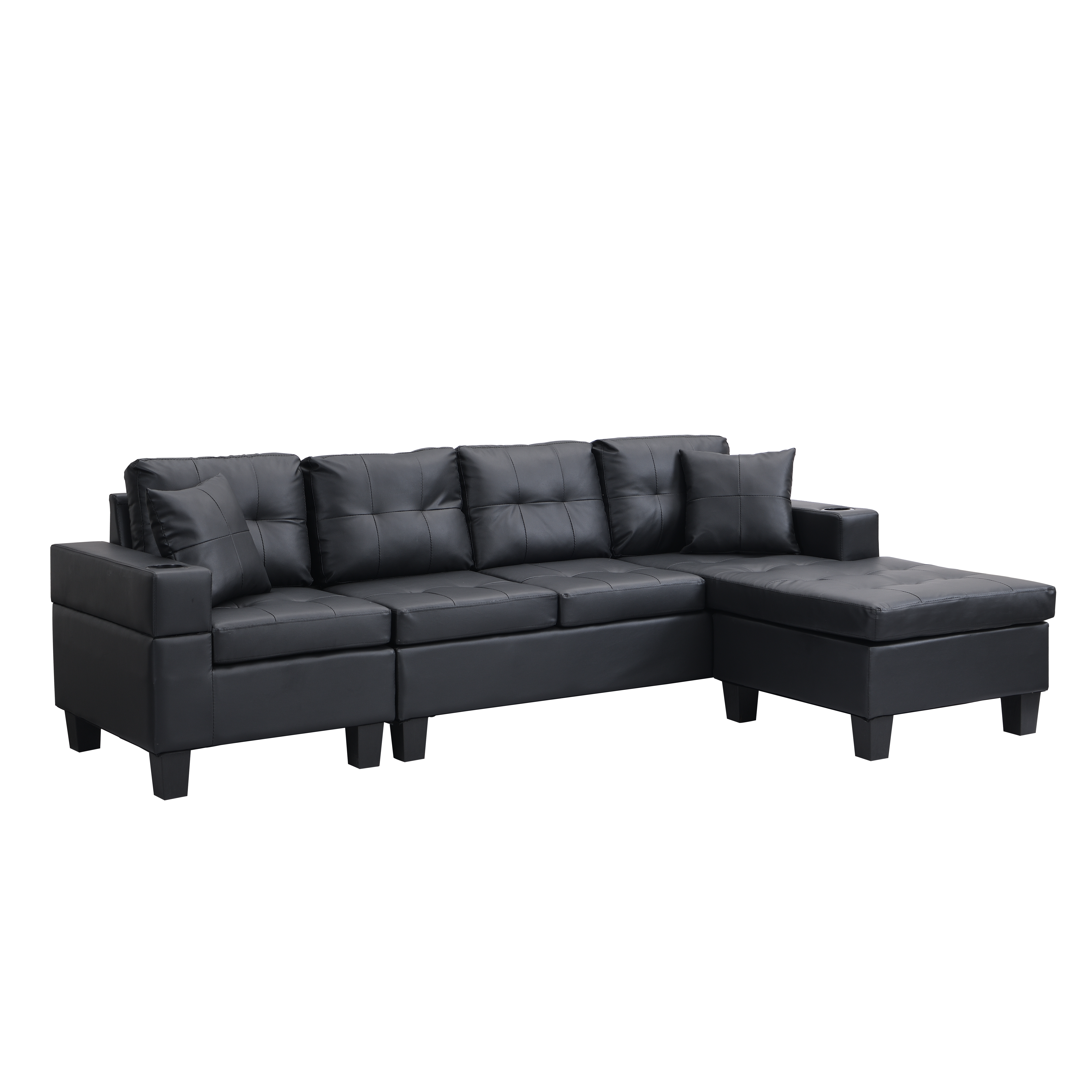 Sectional Sofa Set for Living Room with L Shape Chaise Lounge ,cup holder and Left or Right Hand Chaise Modern 4 Seat (BLACK)