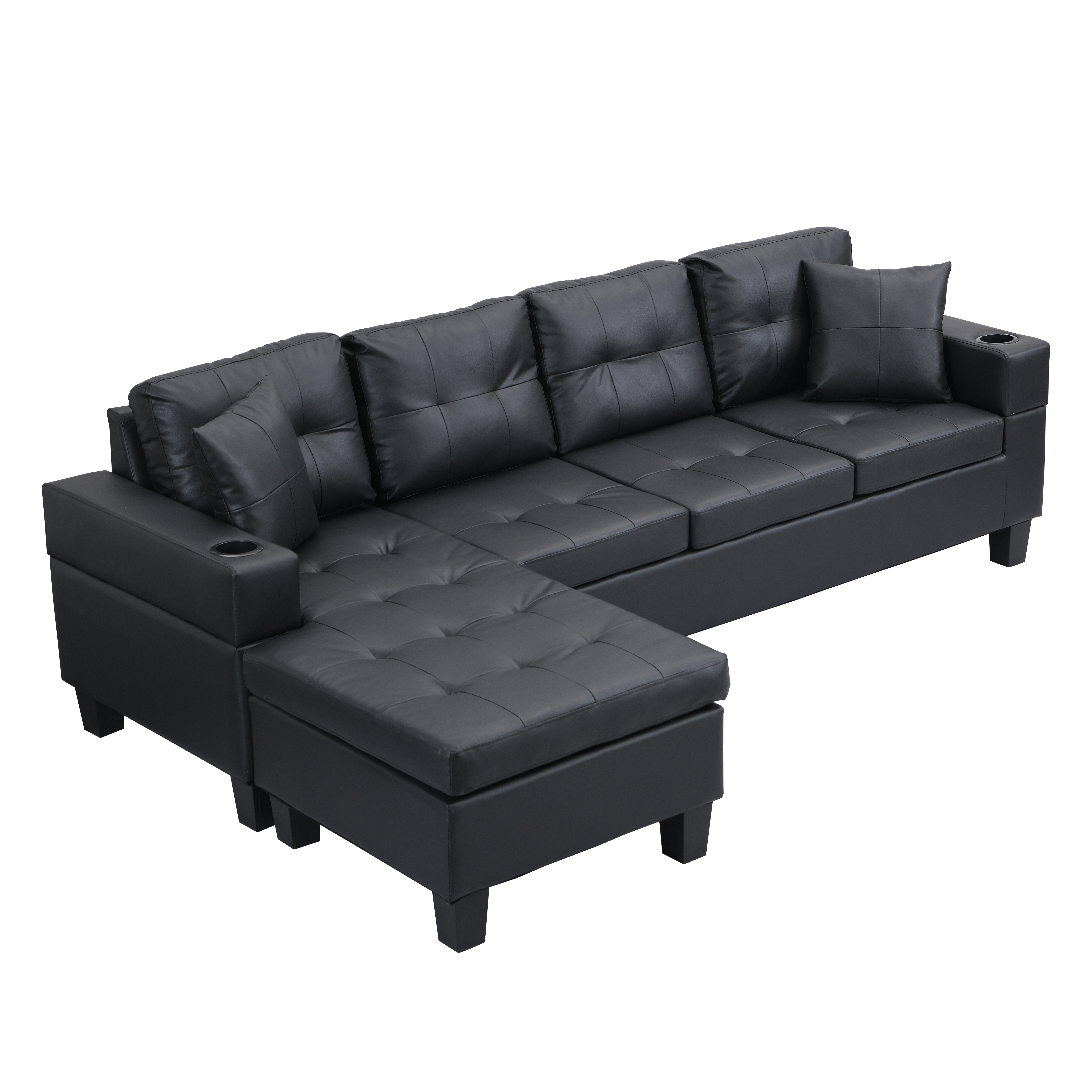 Sectional Sofa Set for Living Room with L Shape Chaise Lounge ,cup holder and Left or Right Hand Chaise Modern 4 Seat (BLACK)