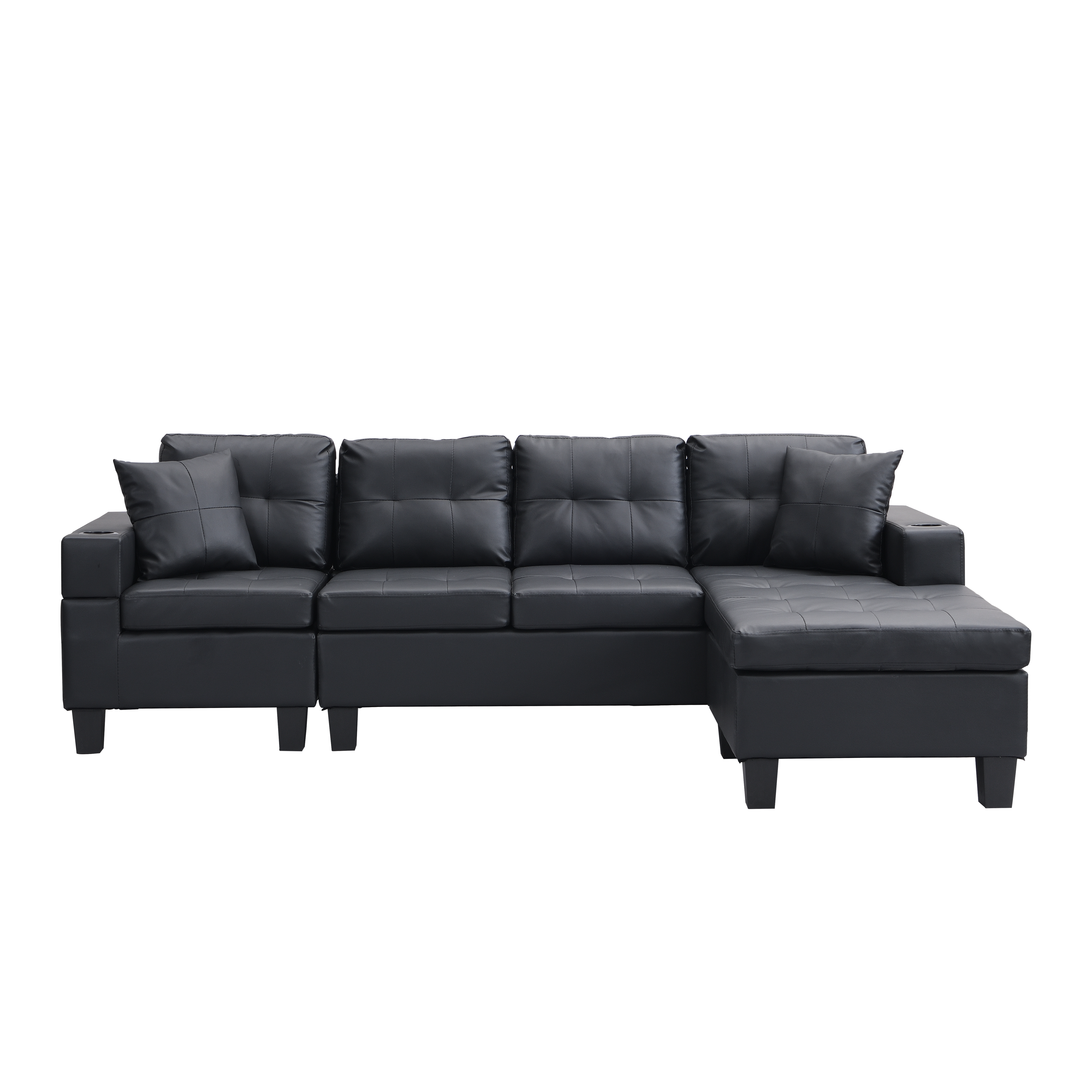 Sectional Sofa Set for Living Room with L Shape Chaise Lounge ,cup holder and Left or Right Hand Chaise Modern 4 Seat (BLACK)