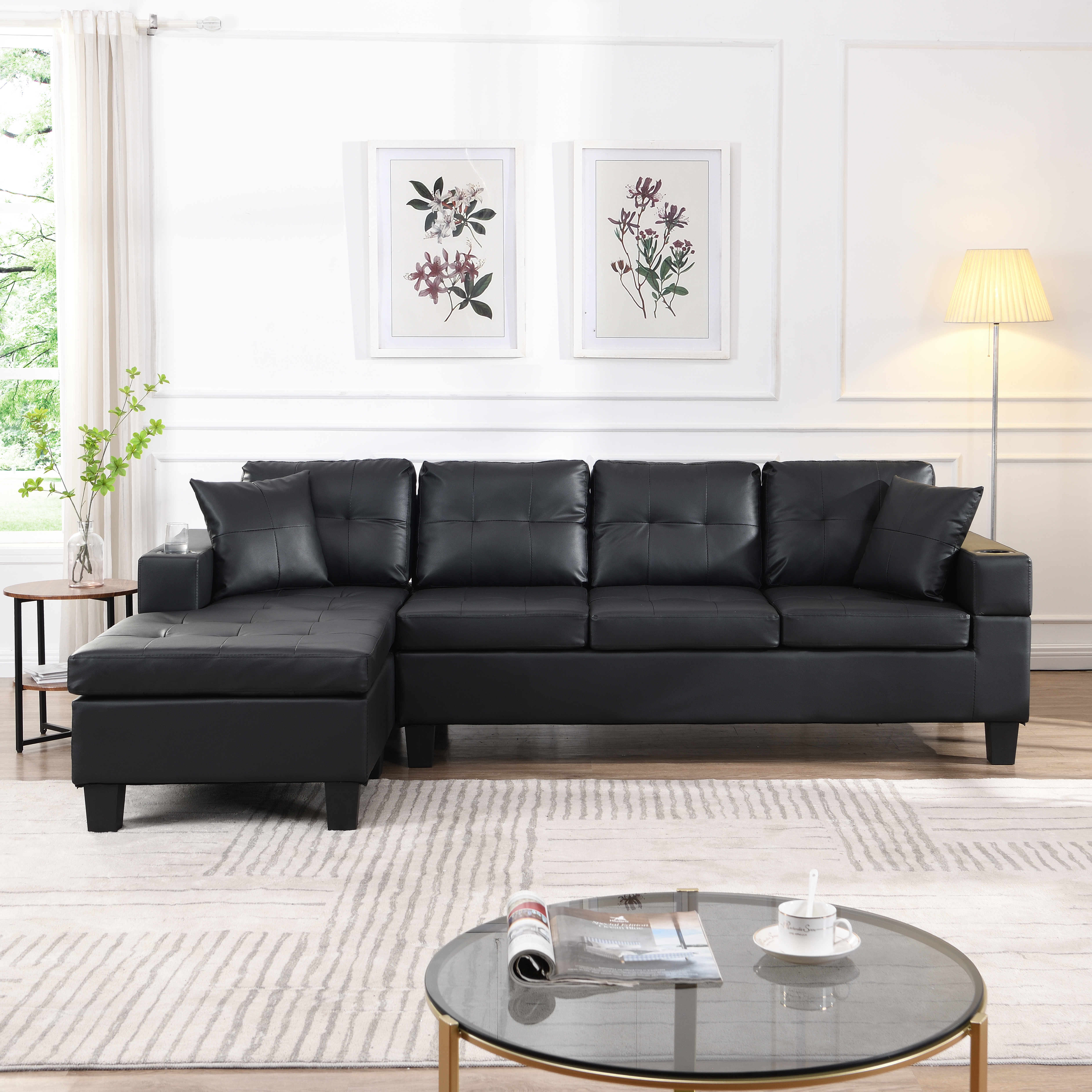 Sectional Sofa Set for Living Room with L Shape Chaise Lounge ,cup holder and Left or Right Hand Chaise Modern 4 Seat (BLACK)