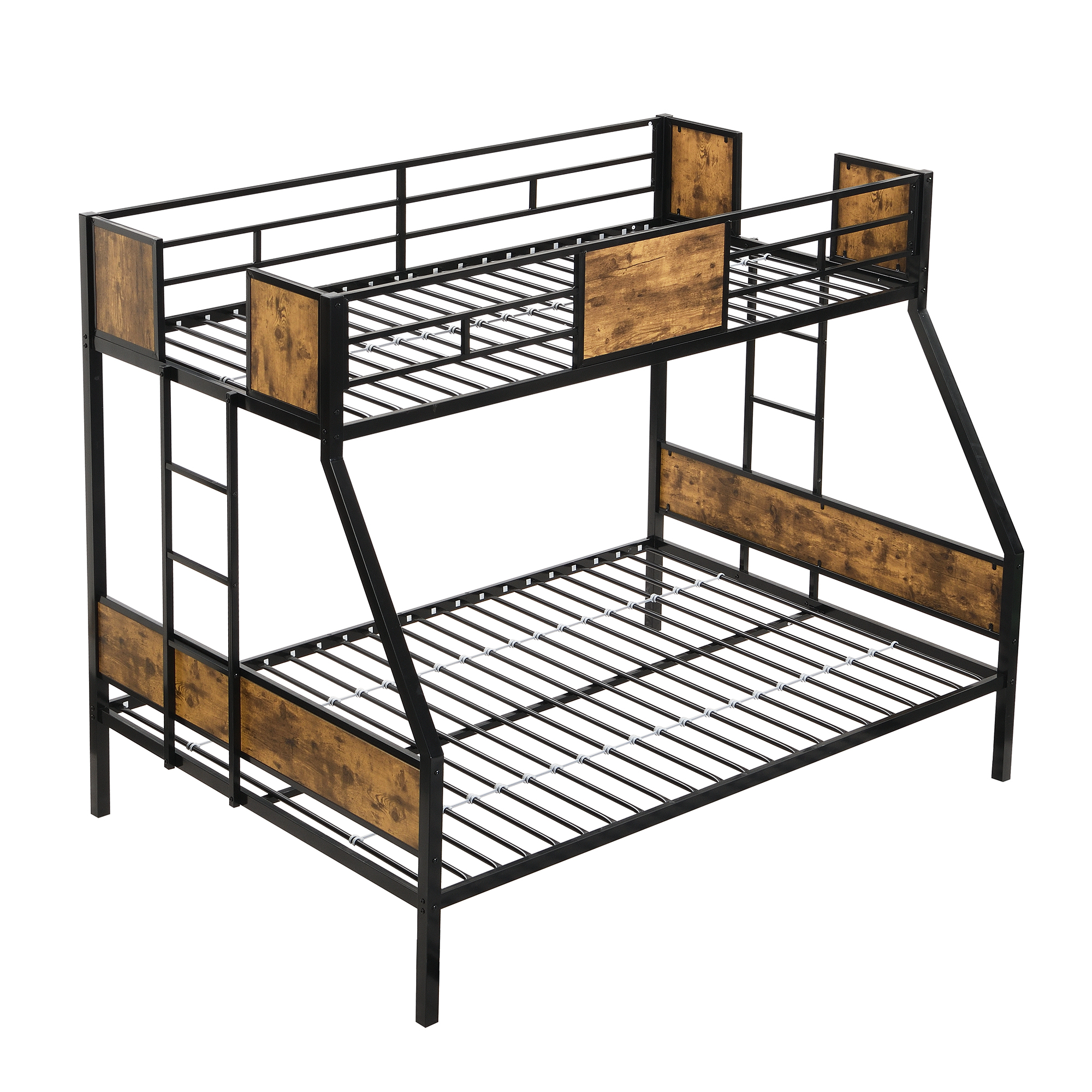 Twin Over FULL Metal Bunk Bed with 2 - Side Ladder and Full-Length Guardrail, No Box Spring Needed, Large Under Bed Storage, Easy Assemble , Black & Brown