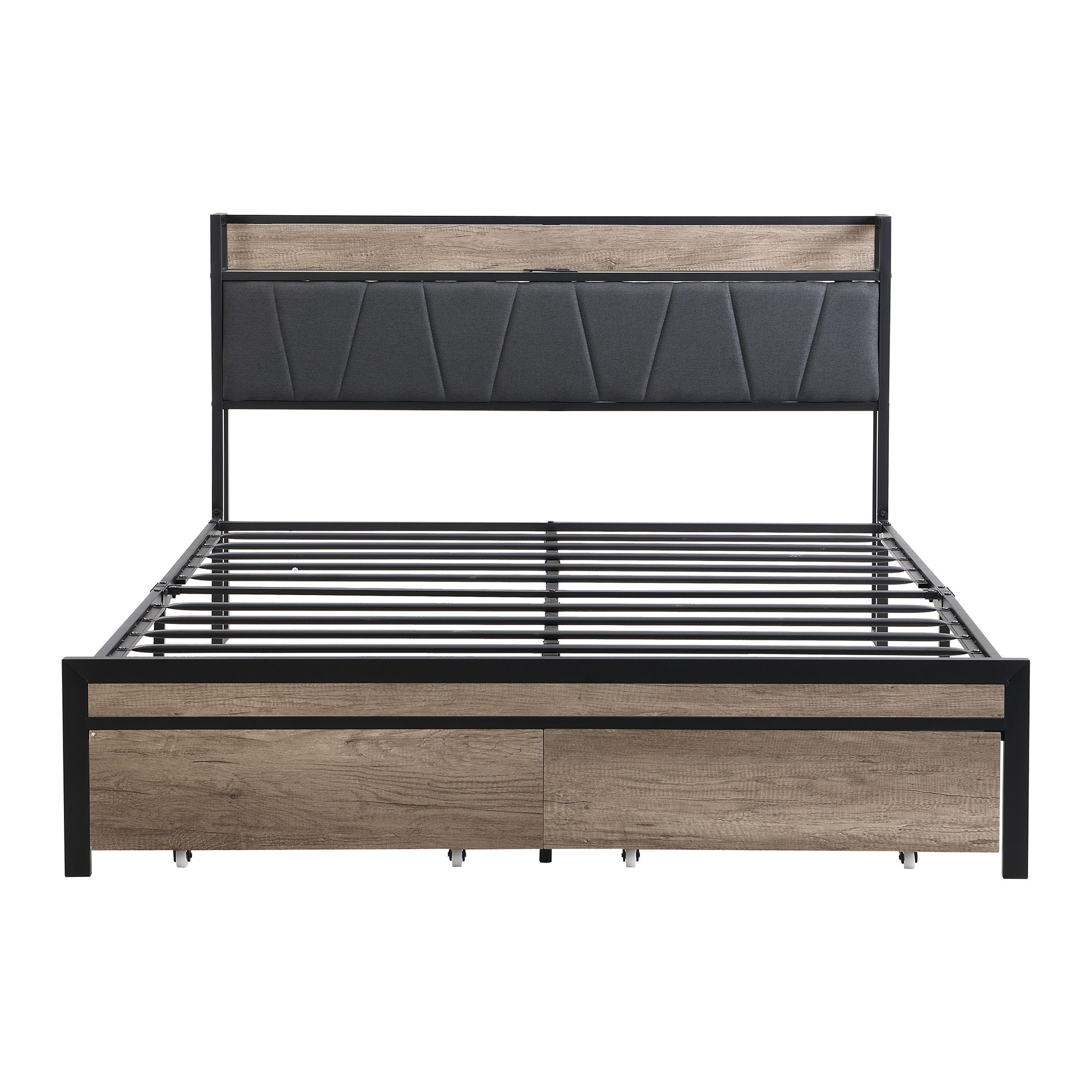 FULL Size Metal Platform Bed Frame with upholstery storage function Headboard and USB LINER and Footboard with drawers, No Box Spring Needed, Large Under Bed Storage, Easy Assemble