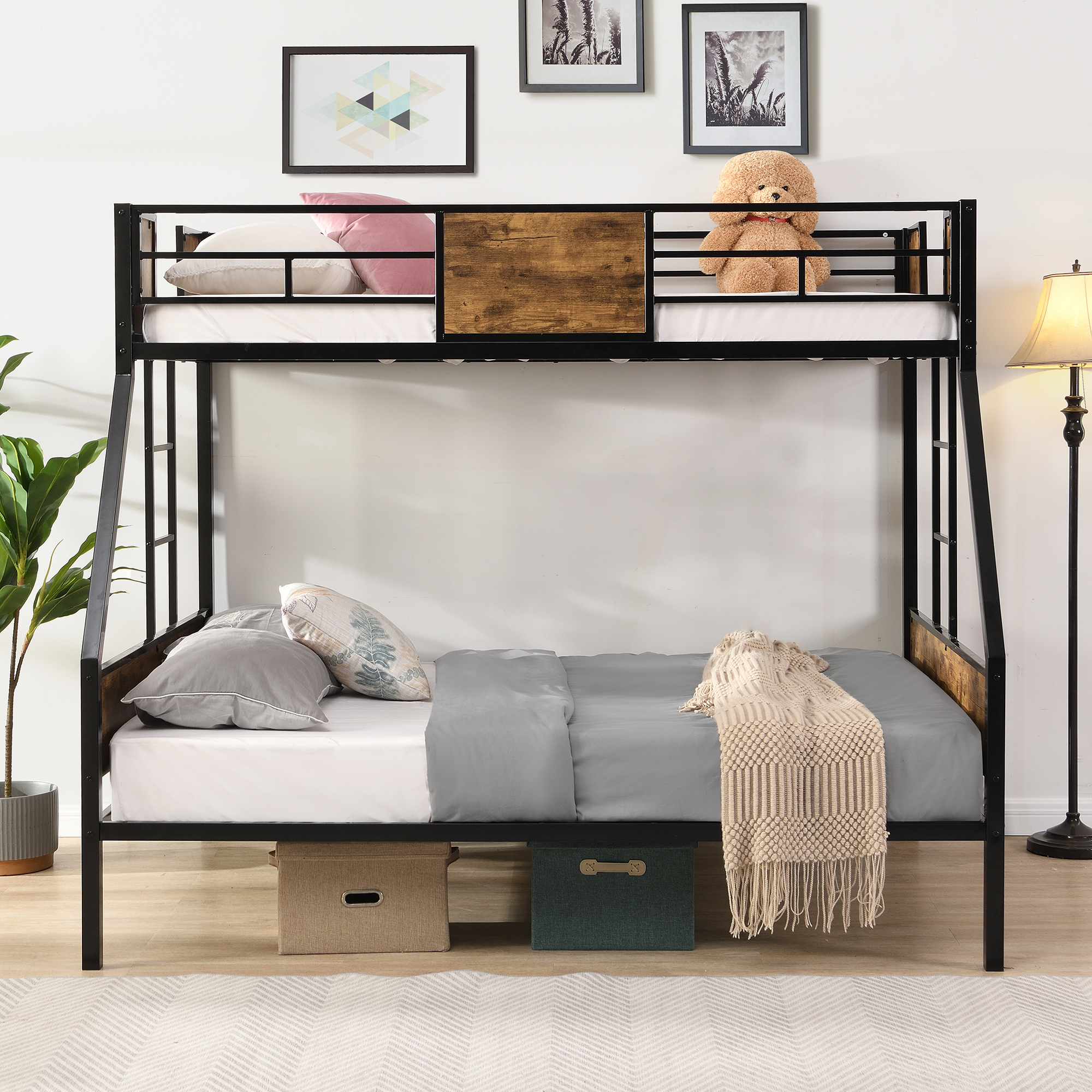 Twin Over FULL Metal Bunk Bed with 2 - Side Ladder and Full-Length Guardrail, No Box Spring Needed, Large Under Bed Storage, Easy Assemble , Black & Brown