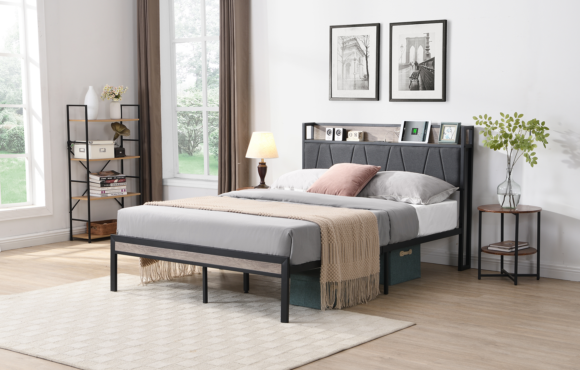 Full Size Metal Platform Bed Frame with upholstery storage function Headboard and USB LINER and Footboard , No Box Spring Needed, Large Under Bed Storage, Easy Assemble