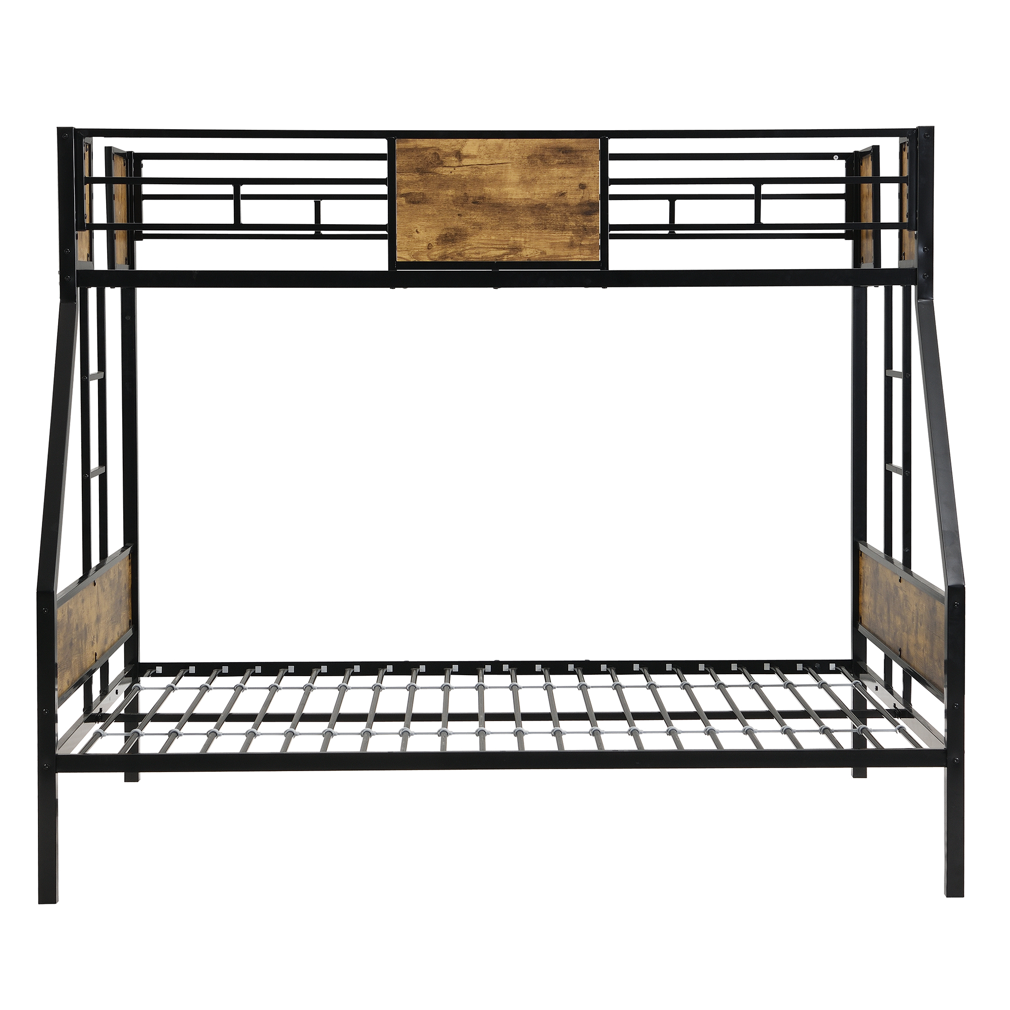 Twin Over FULL Metal Bunk Bed with 2 - Side Ladder and Full-Length Guardrail, No Box Spring Needed, Large Under Bed Storage, Easy Assemble , Black & Brown